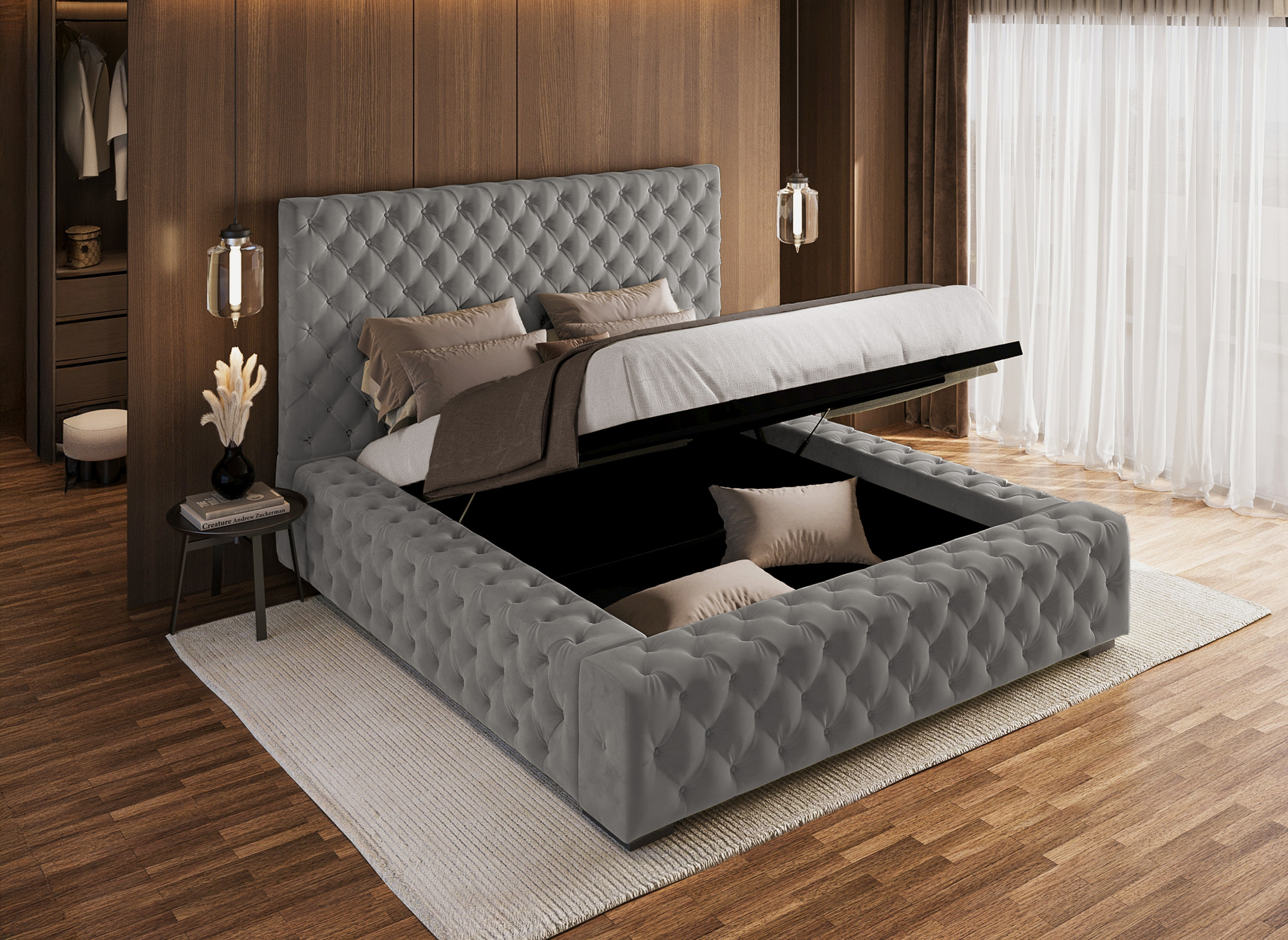 IDALINE grey velvet upholstered storage bed 160 x 200 cm
