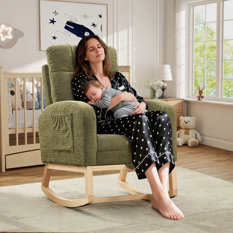 FFH Rocking Chair Nursery, Tufted Accent Rocker Chair, Upholstered Armchair with Adjustable Footrest, Side Pocket, High Backrest, Padded Seat, Polyester Blend (Retro, Dark Gray)