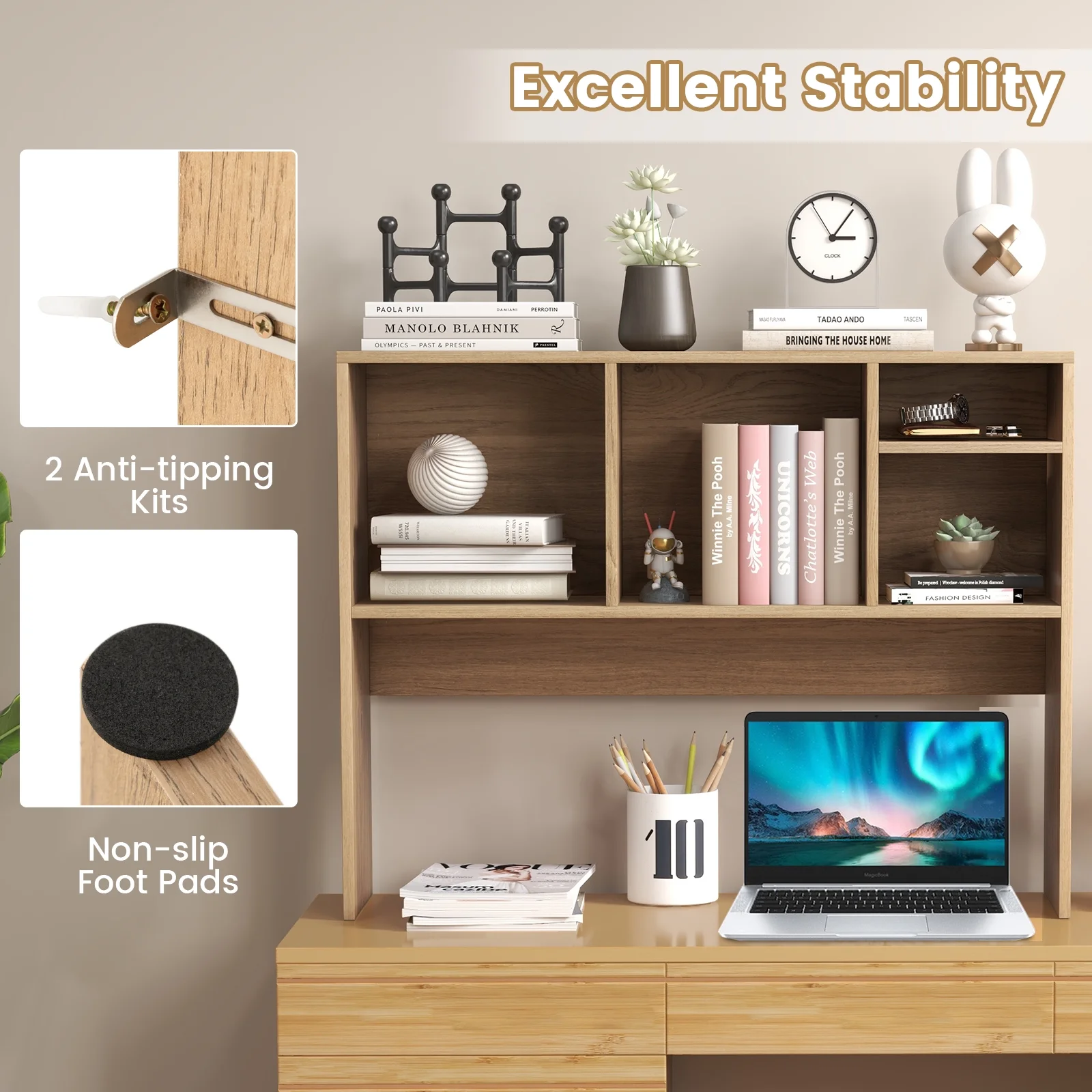 Giantex Desk Hutch, 2-Tier Desktop Organizer Shelf for Computer Desk, Wide Wooden Table Top Bookshelf, Countertop Storage Rack, White