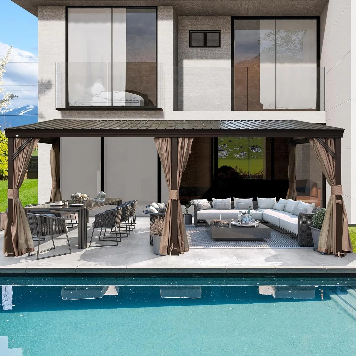 Domi Outdoor Living 10' x 12' Hardtop Lean-to Gazebo, Wall-Mounted with Galvanized Steel Roof Wall Pergola with Aluminum Frame, Curtains and Netting, for Patio, Deck, Garden, Backyard