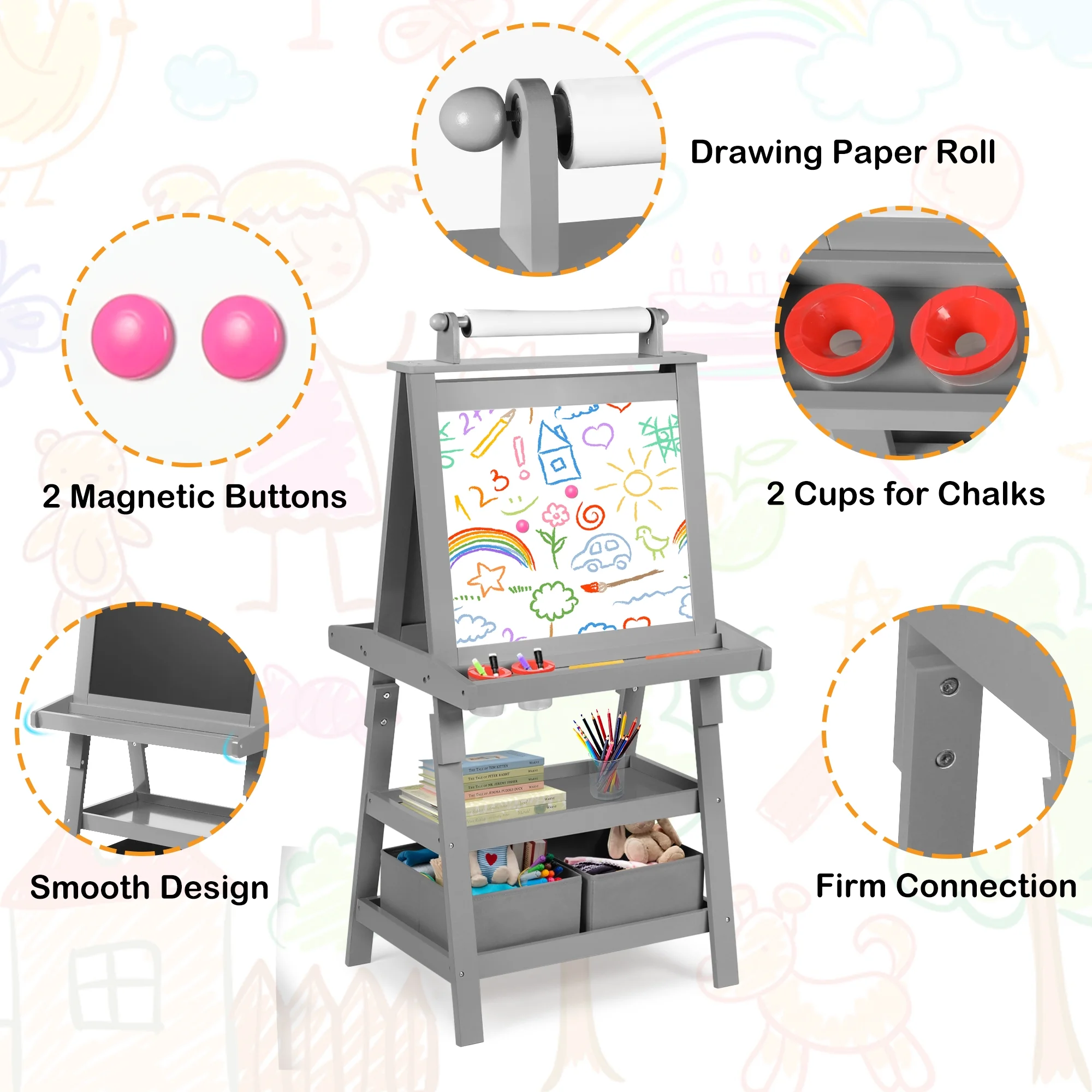 LINLUX 3 in 1 Art Easel for Kid, Whiteboard for Kid with Stand, Magnetic Chalkboard Pizarra, Grey