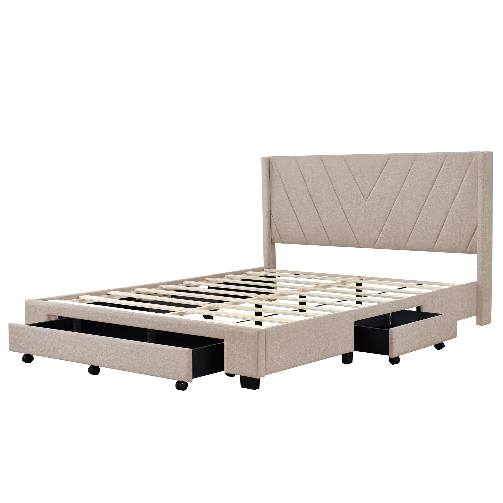 Sesslife Queen Bed Frame with Storage, New Upgraded Linen Upholstered Platform Bed with 3 Drawers, Queen Size Storage Bed with Headboard and Wooden Slats, No Box Spring Needed, Holds 500lbs, Beige