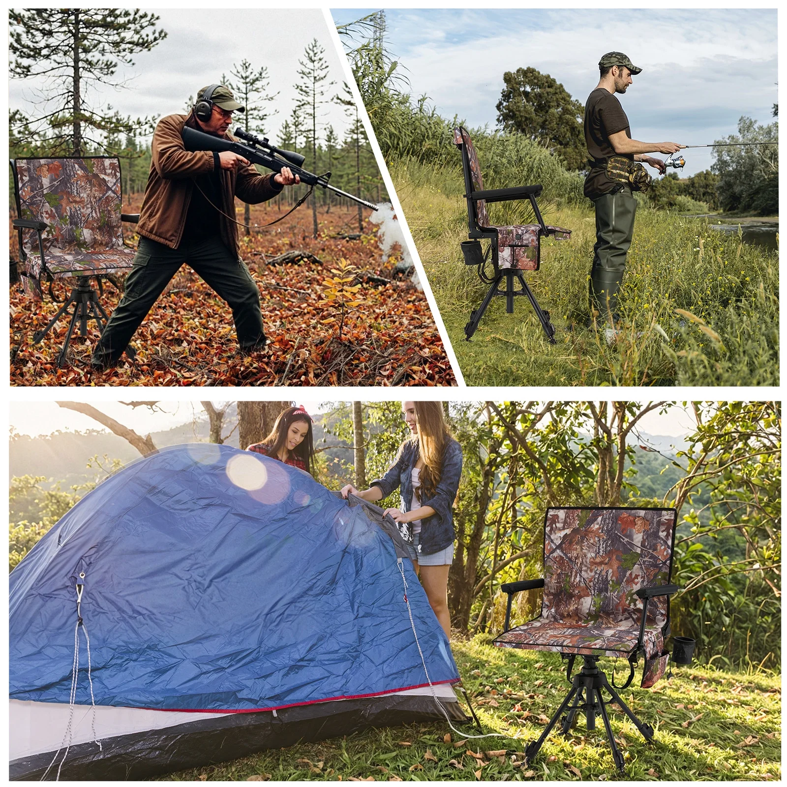 Danrelax 360° Silent Camo Hunting Blind Chair, Armrests, Side Pouch, Telescopic Legs