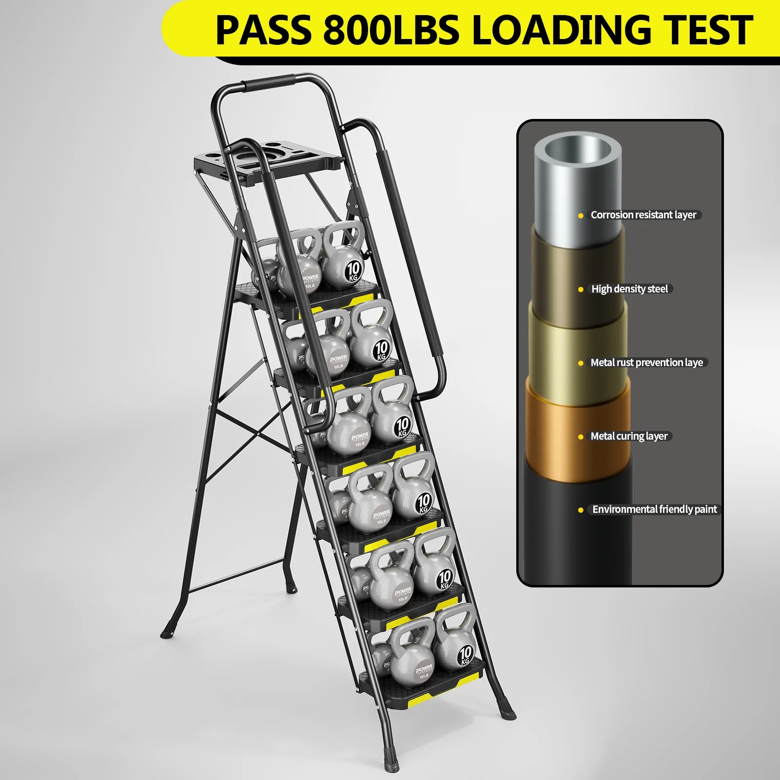 KK KINGRACK 6 Step Ladder, Metal Ladder with Tool Platform&Handrails, 800 lbs Capacity, Black