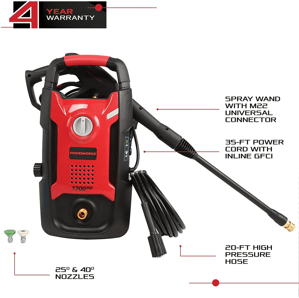 POWERWORKS 1700 Psi 1.2 GPM Pressure Washer, for Cleaning Homes/Cars/Driveways/Patios
