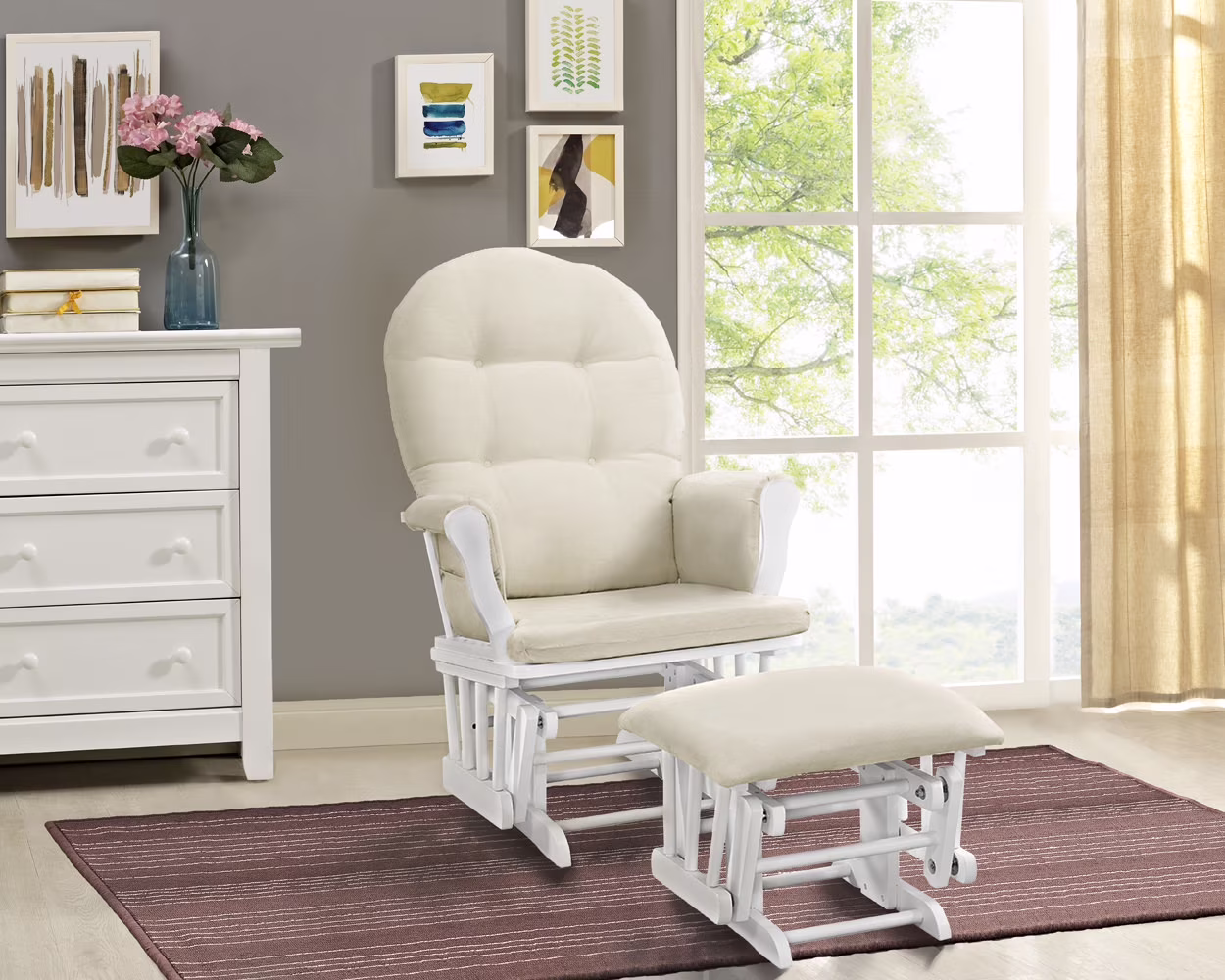 Angel Line Windsor Glider and Ottoman, Natural Finish with Gray Cushions