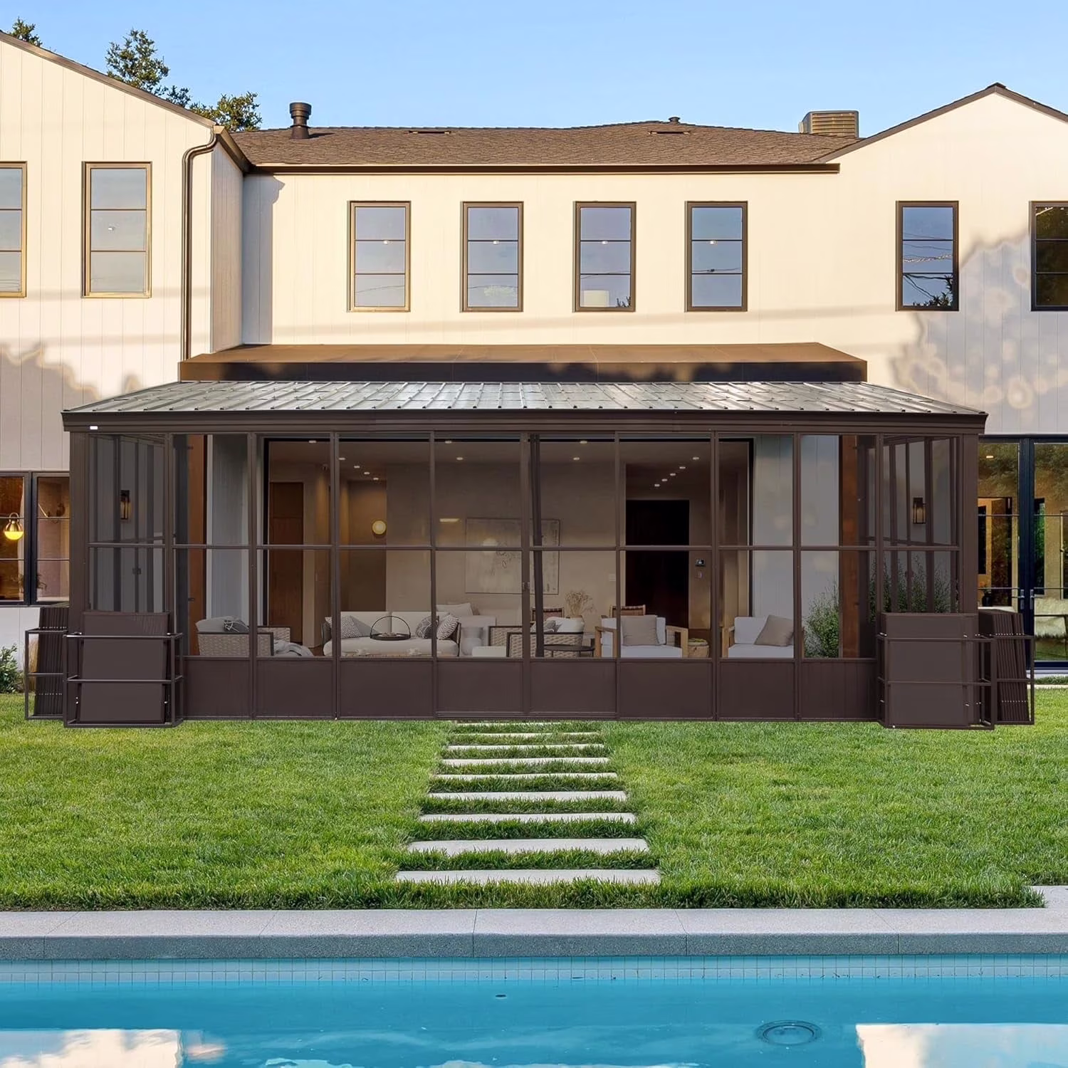 Domi Outdoor Living 10' x 12' Hardtop Lean-to Gazebo, Wall-Mounted with Galvanized Steel Roof Wall Pergola with Aluminum Frame, Curtains and Netting, for Patio, Deck, Garden, Backyard