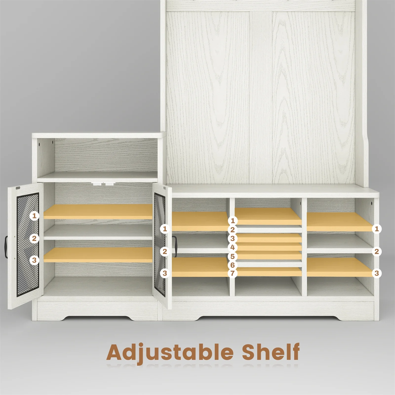 Farmhouse Wood Hall Tree with Shoe Bench and Console Table, LED 4-in-1 Coat Rack with 8 Hooks and 7 Adjustable Shoe Cubbies, Multifunctional Entryway Storage Organizer with Cabinet, Vintage White