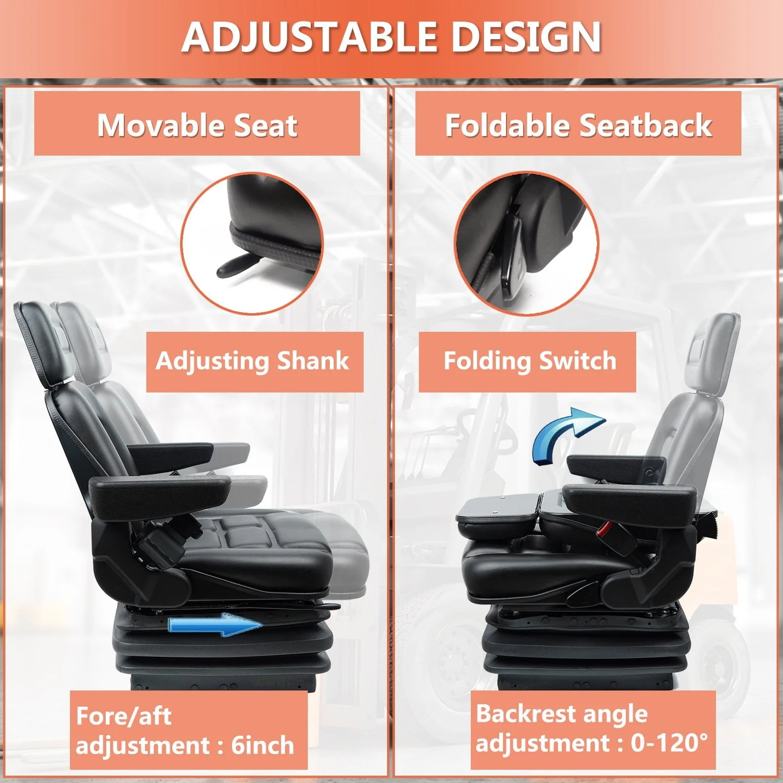 TICSEA Universal Mechanical Suspension Foldable Seat with Adjustment Headrest Armrest, Retractable Seat Belt for Heavy Duty Tractor Forklift Excavator Skid Steer