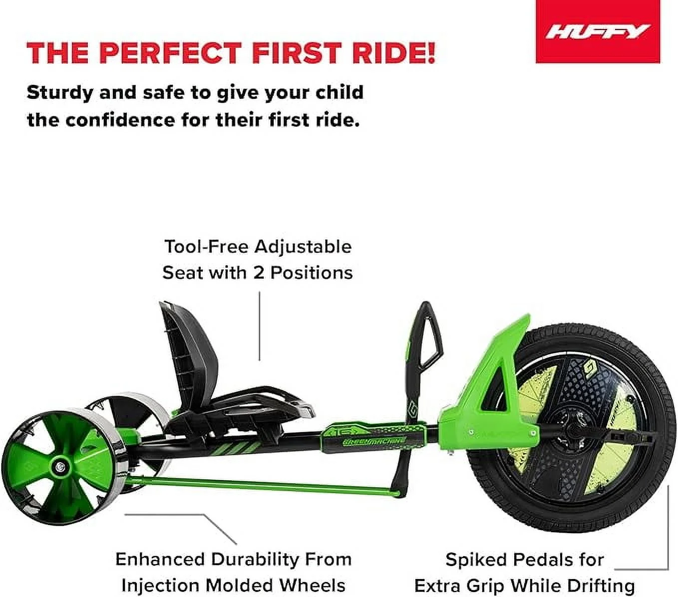 Huffy Adjustable Seat Unisex Kids Drift Trike, Green, 16