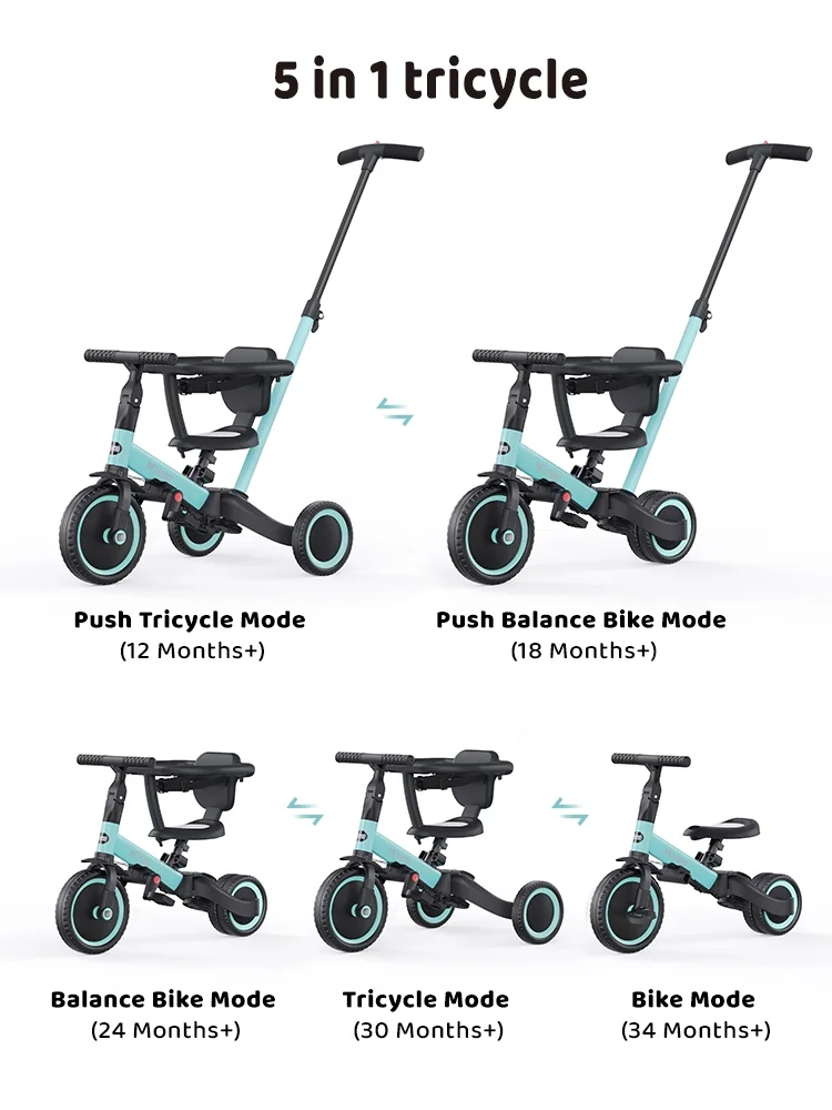 newyoo TR008 5-in-1 Toddler Tricycle with Push Handle, Converts to Balance Bike for 1-3 Year Old, Khaki
