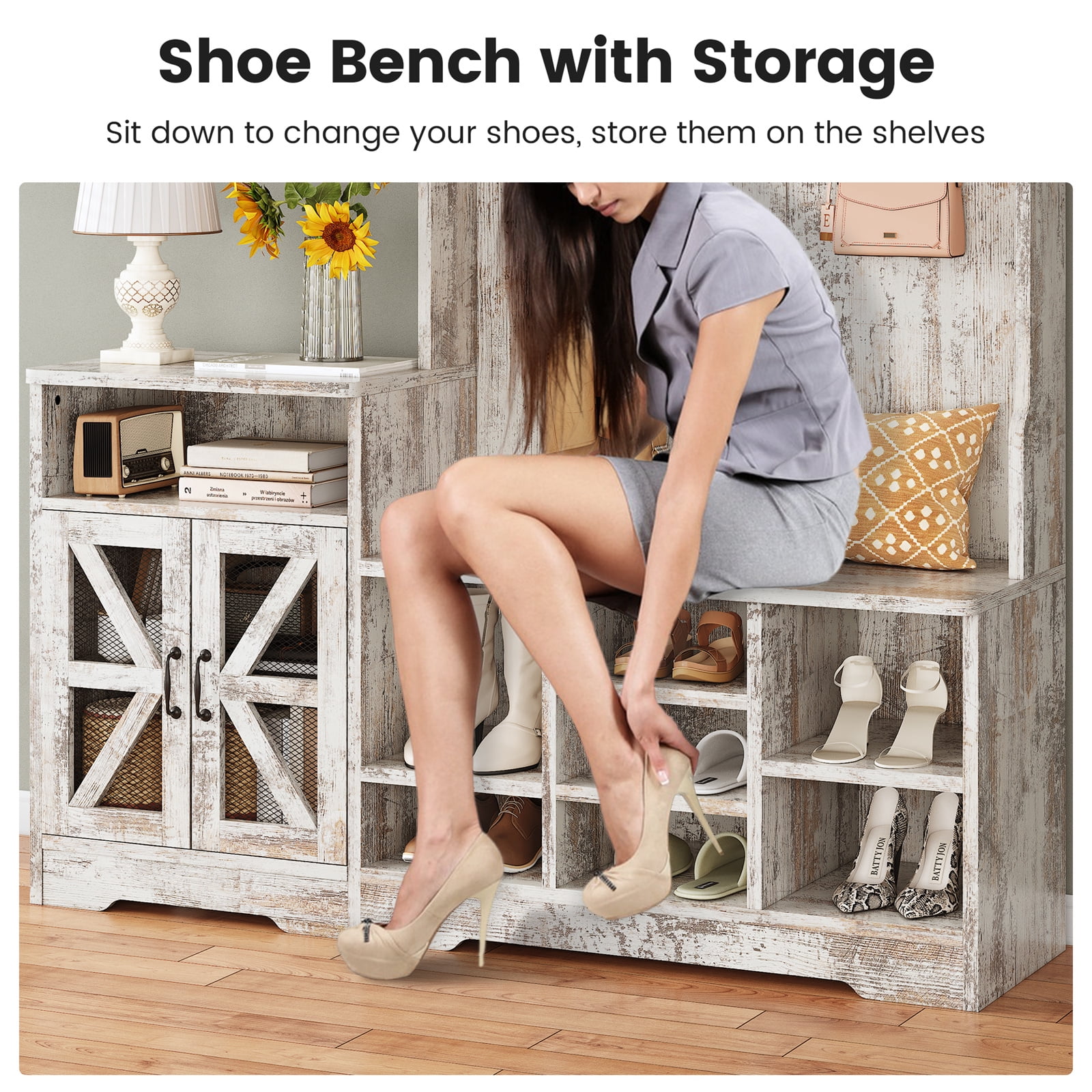 Farmhouse Wood Hall Tree with Shoe Bench and Console Table, LED 4-in-1 Coat Rack with 8 Hooks and 7 Adjustable Shoe Cubbies, Multifunctional Entryway Storage Organizer with Cabinet, Vintage White