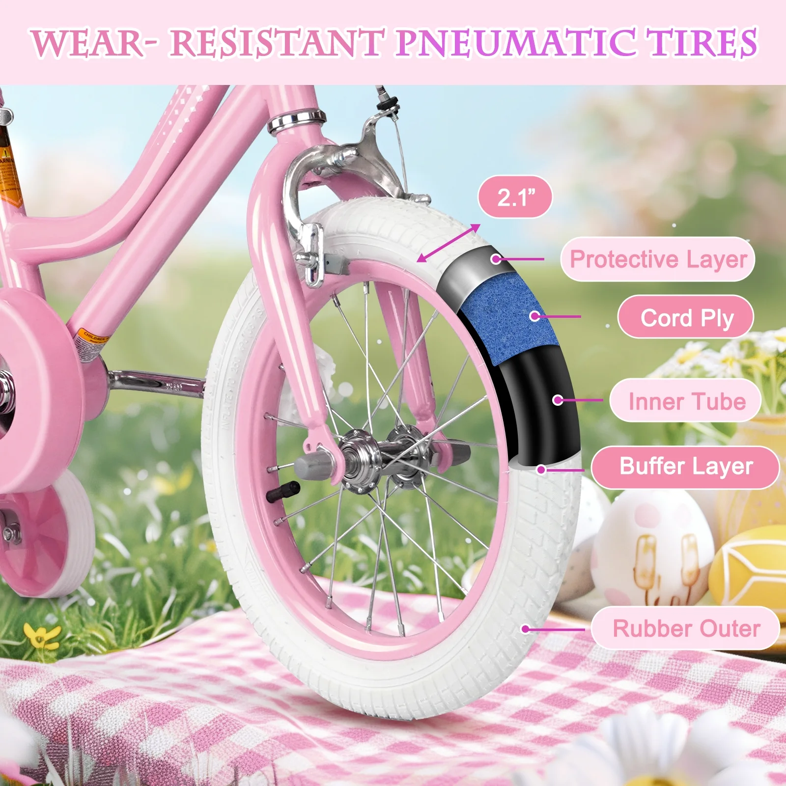 XJD Girls Bike for Toddlers 3-9 Years Old Kids, 14 Inch Kids Bike with Training Wheels, Streamers, Basket and Doll Seat, Children Bicycles with Handbrake