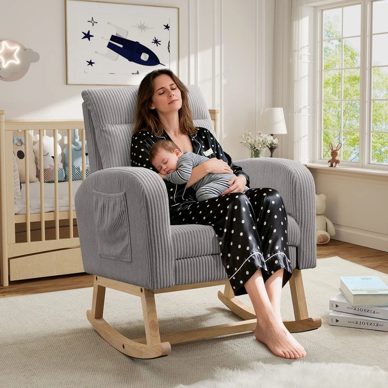 FFH Rocking Chair Nursery, Tufted Accent Rocker Chair, Upholstered Armchair with Adjustable Footrest, Side Pocket, High Backrest, Padded Seat, Polyester Blend (Retro, Dark Gray)