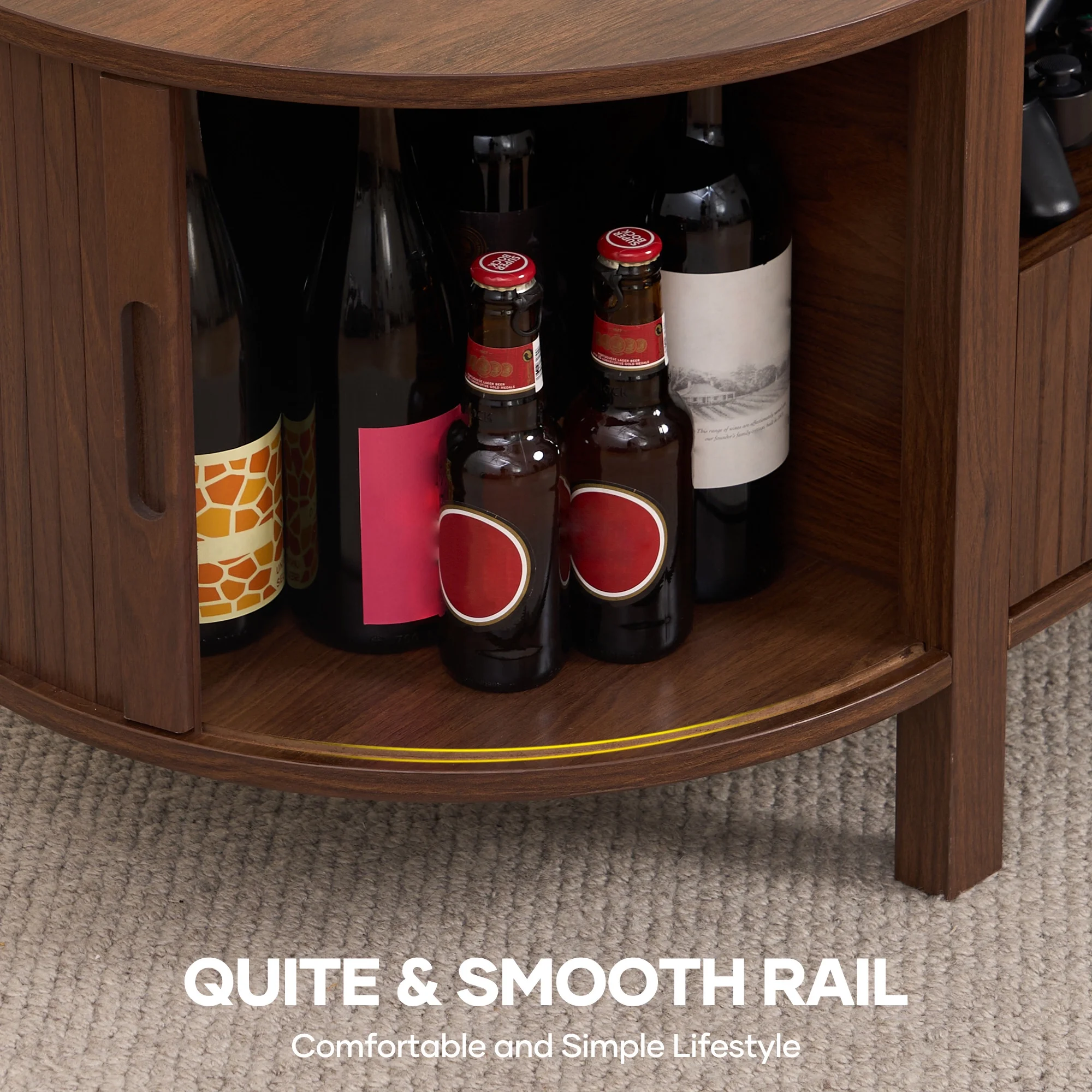 MARNUR Coffee Table with Storage, Tambour Sliding Door, Open Shelf, Mid Century Modern Center Table with Drawer for Living Room, Walnut