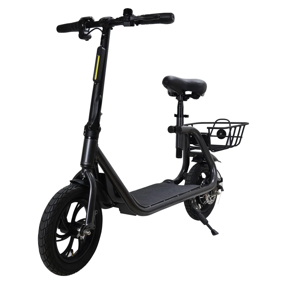 Electric Scooter Adult with Seat, 12 inch Tires 350W Motor Foldable E-Bicycle with Basket Dual Disc Brakes