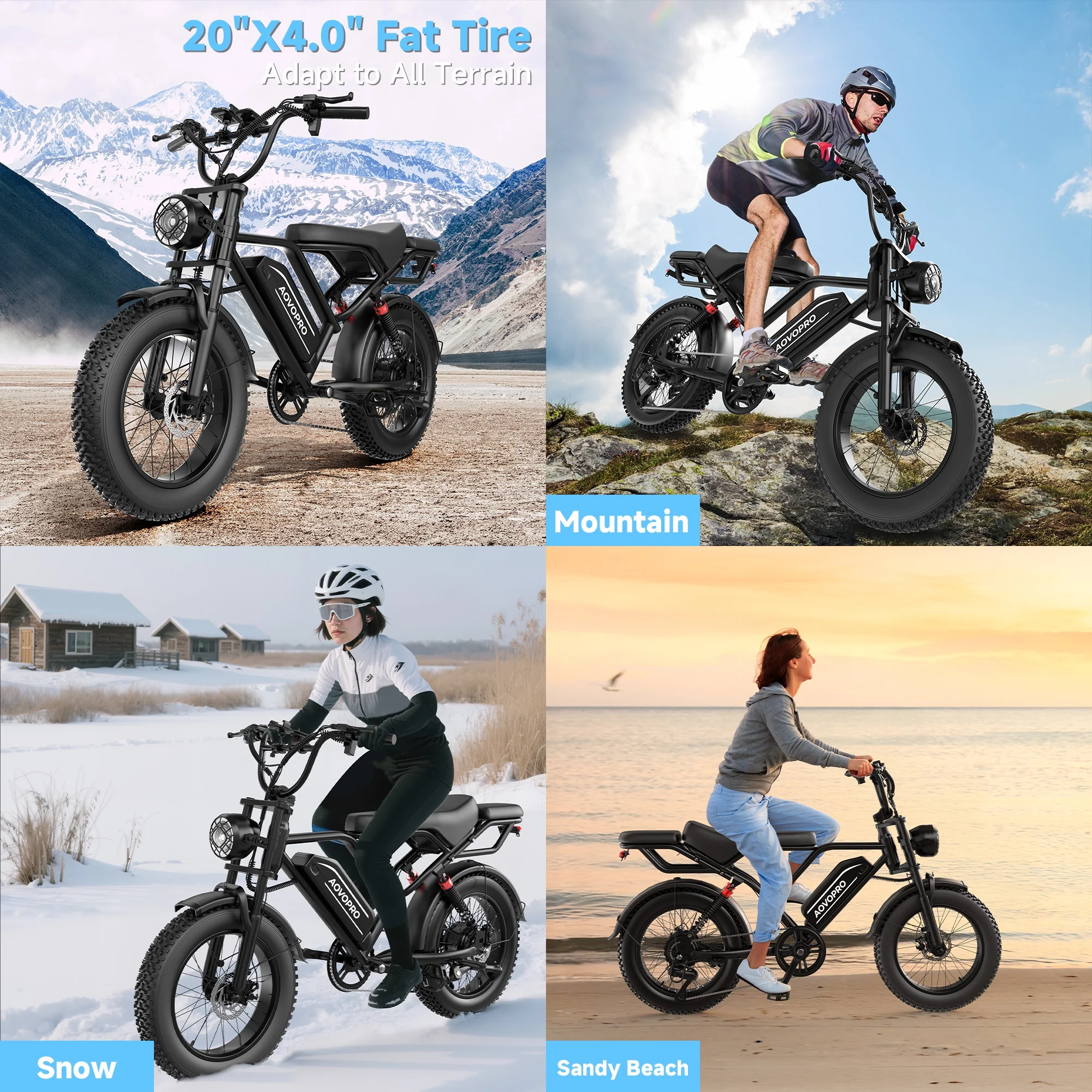 AOVOPRO AP20 Electric Bike for Adults 20 X 4.0 Fat Tire, 750W Off-Road E Bike, E-Mountain Bike 48V 15.6AH UL2849
