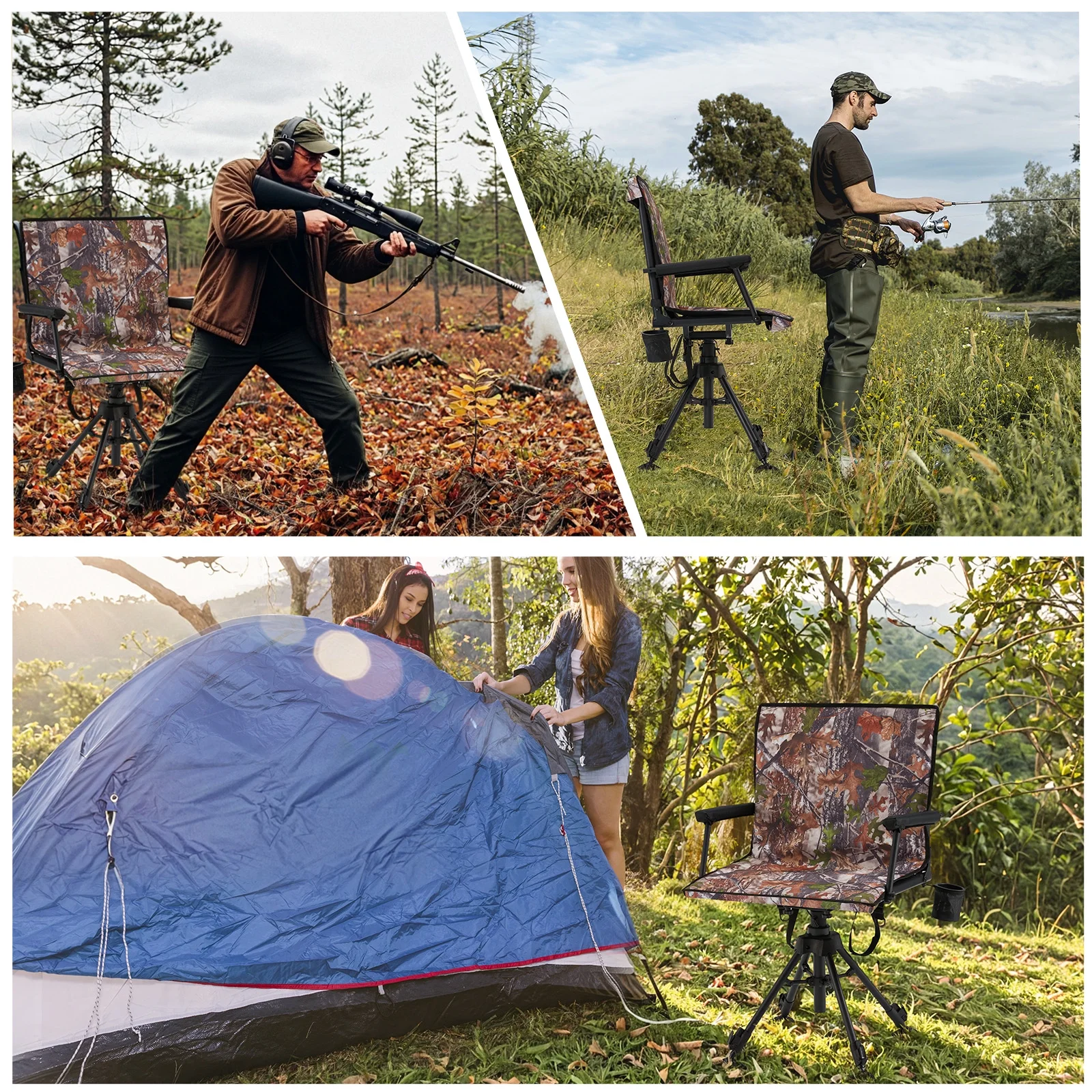 Danrelax 360° Silent Camo Hunting Blind Chair, Armrests, Side Pouch, Telescopic Legs