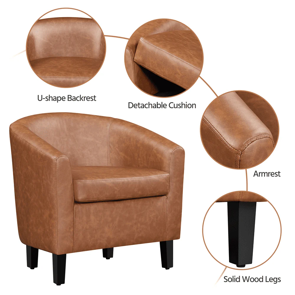 Easyfashion Barrel Accent Chair with Ottoman, Brown Faux Leather