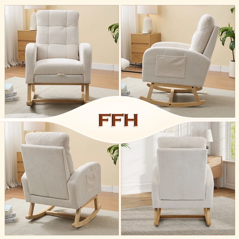 FFH Rocking Chair Nursery, Tufted Accent Rocker Chair, Upholstered Armchair with Adjustable Footrest, Side Pocket, High Backrest, Padded Seat, Polyester Blend (Retro, Dark Gray)