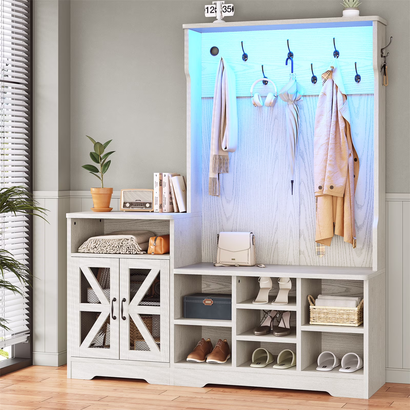 Farmhouse Wood Hall Tree with Shoe Bench and Console Table, LED 4-in-1 Coat Rack with 8 Hooks and 7 Adjustable Shoe Cubbies, Multifunctional Entryway Storage Organizer with Cabinet, Vintage White