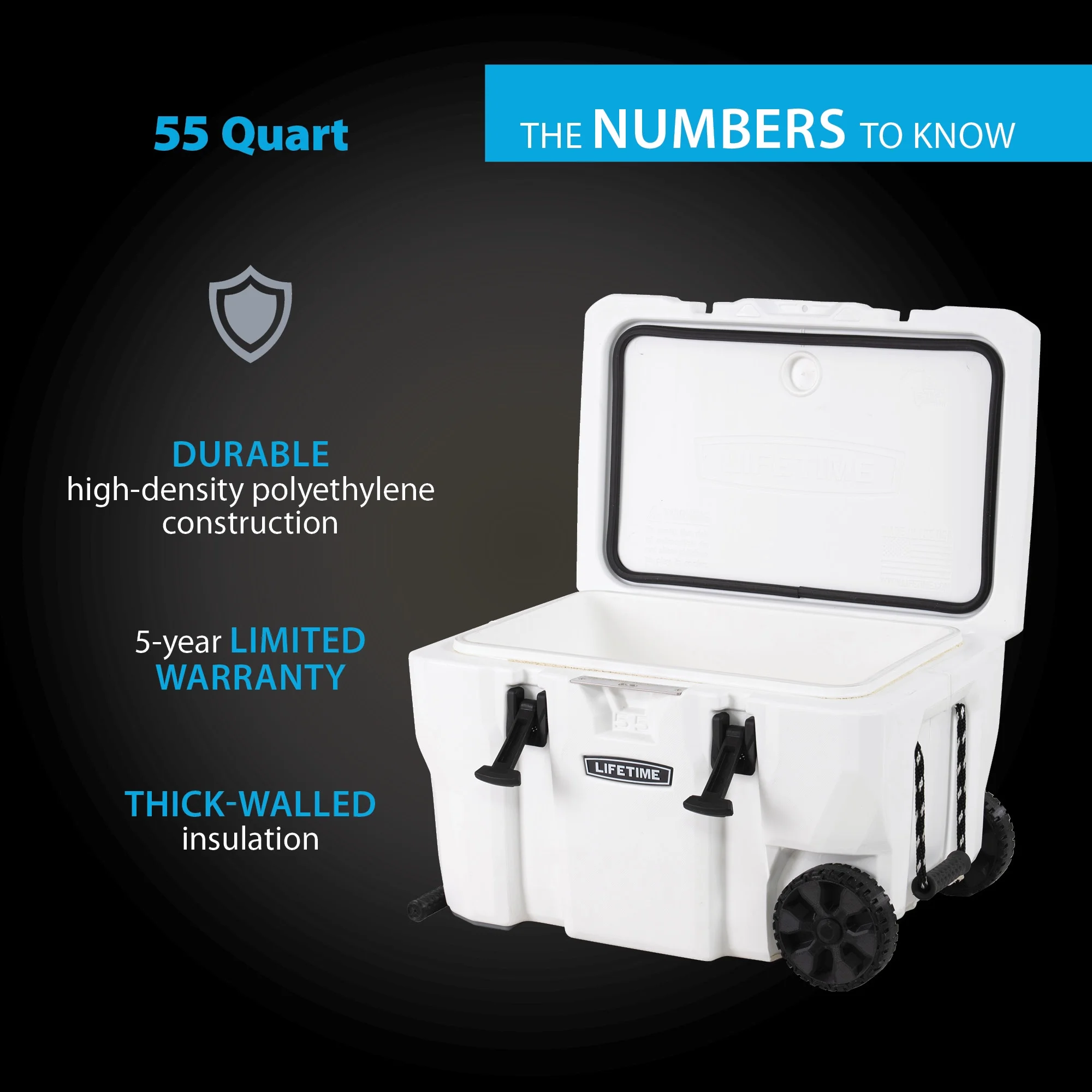 Lifetime 55 qt Bear-Resistant Camping Cooler Wheeled, Premium High Performance, Ice Retention, Hard Cooler, 60 Can Capacity, White (91072)