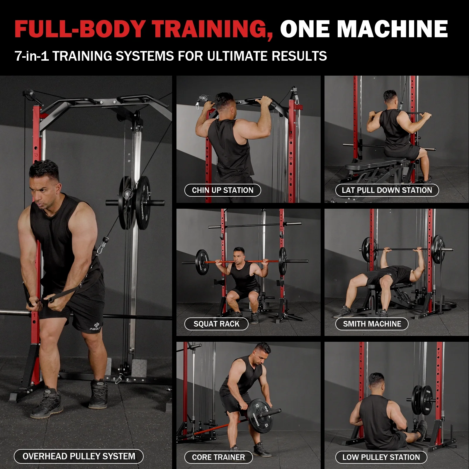 Mikolo Compact 7-IN-1 Smith Machine With Cable Crossover System, 1000LBS Multi-Functional Squat Rack, Workout Station with Weight Bar, Bend Peg and Other Functional Attachments