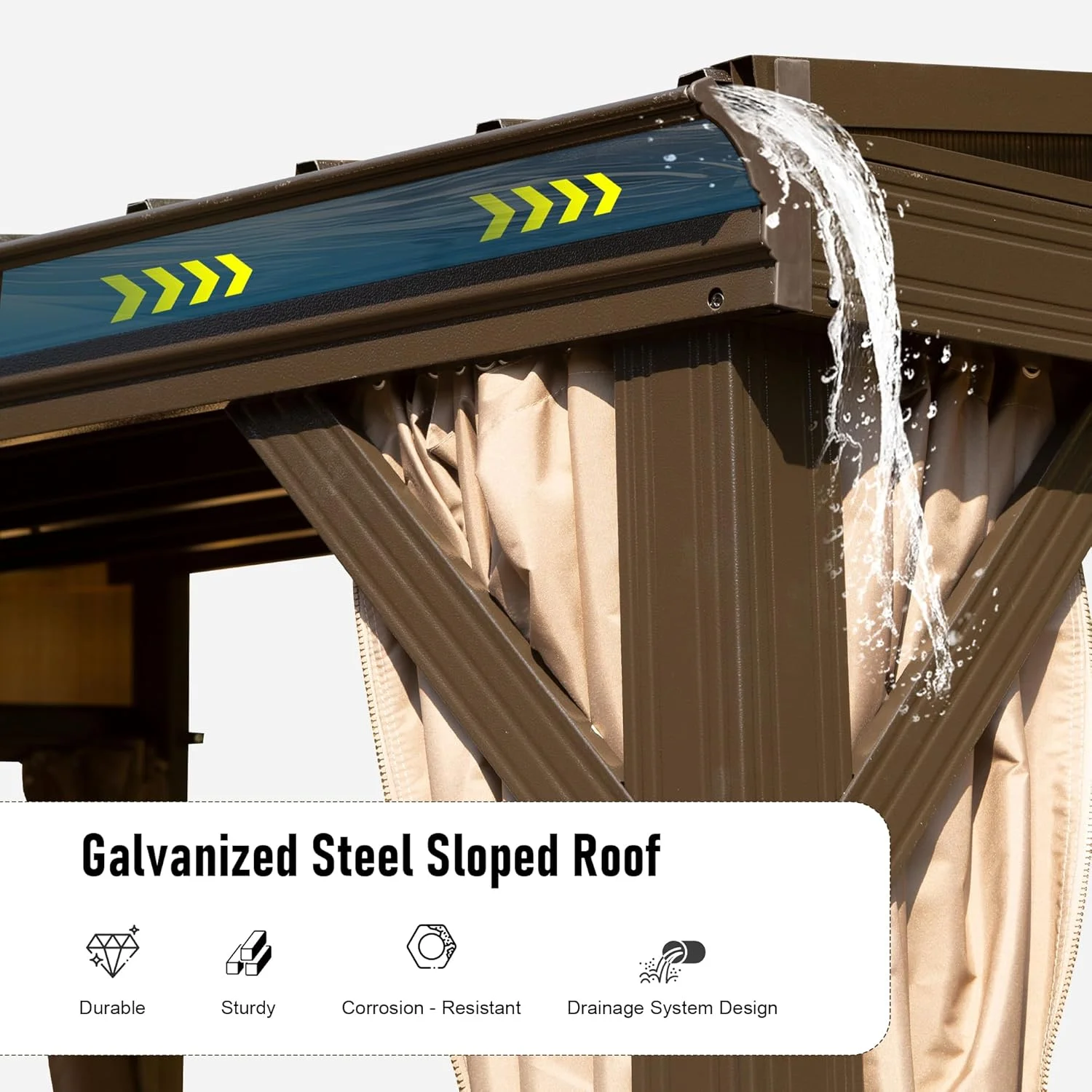 Domi Outdoor Living 10' x 12' Hardtop Lean-to Gazebo, Wall-Mounted with Galvanized Steel Roof Wall Pergola with Aluminum Frame, Curtains and Netting, for Patio, Deck, Garden, Backyard