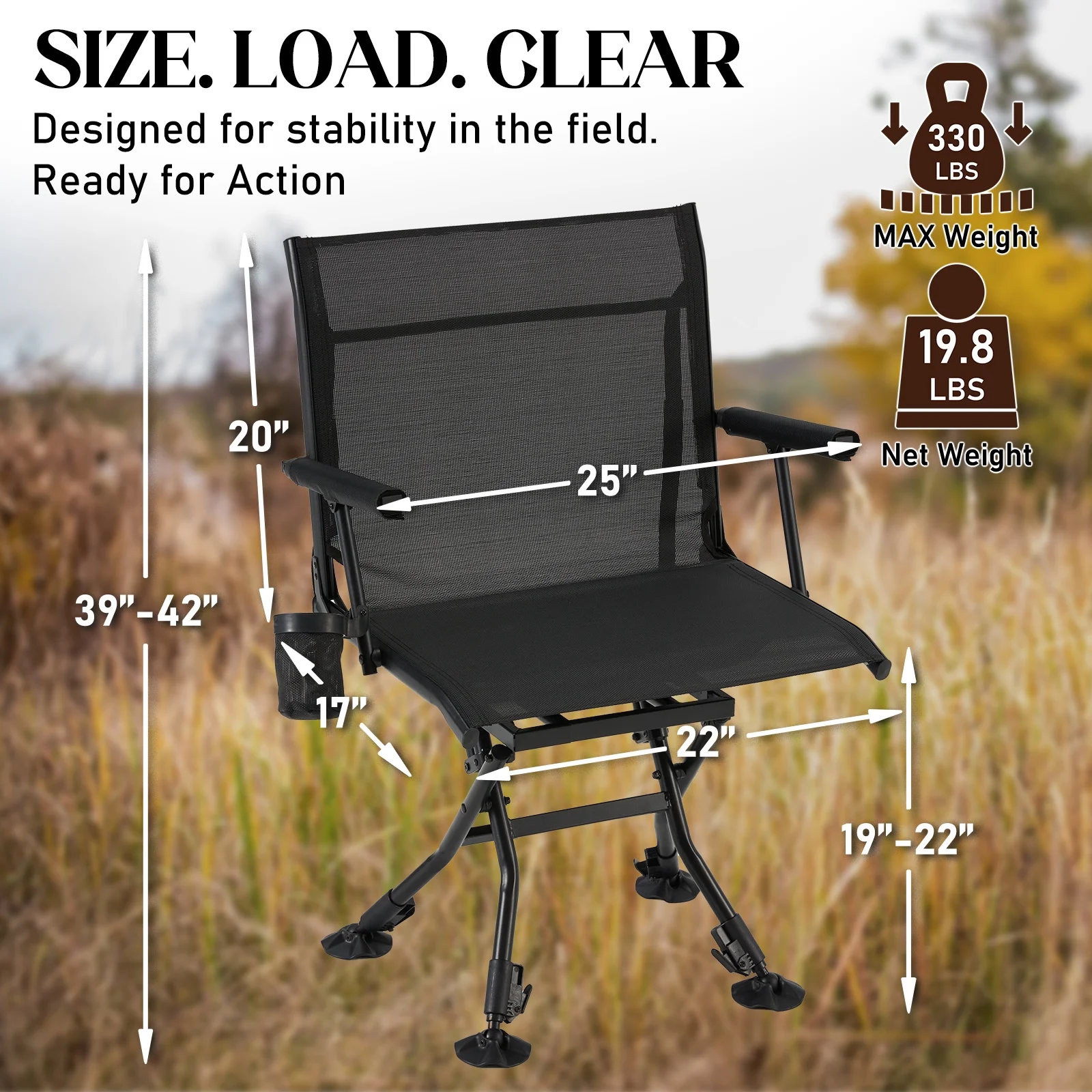 Danrelax 360° Silent Camo Hunting Blind Chair, Armrests, Side Pouch, Telescopic Legs