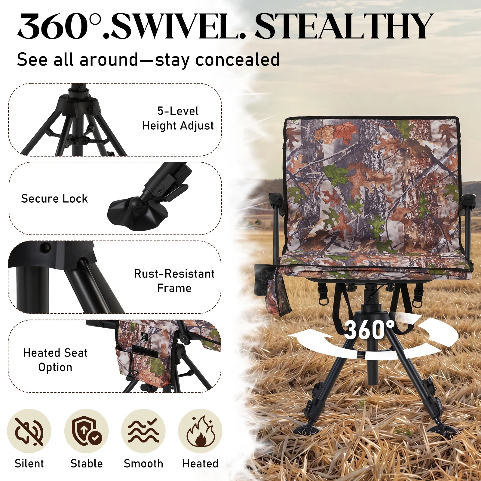 Danrelax 360° Silent Camo Hunting Blind Chair, Armrests, Side Pouch, Telescopic Legs