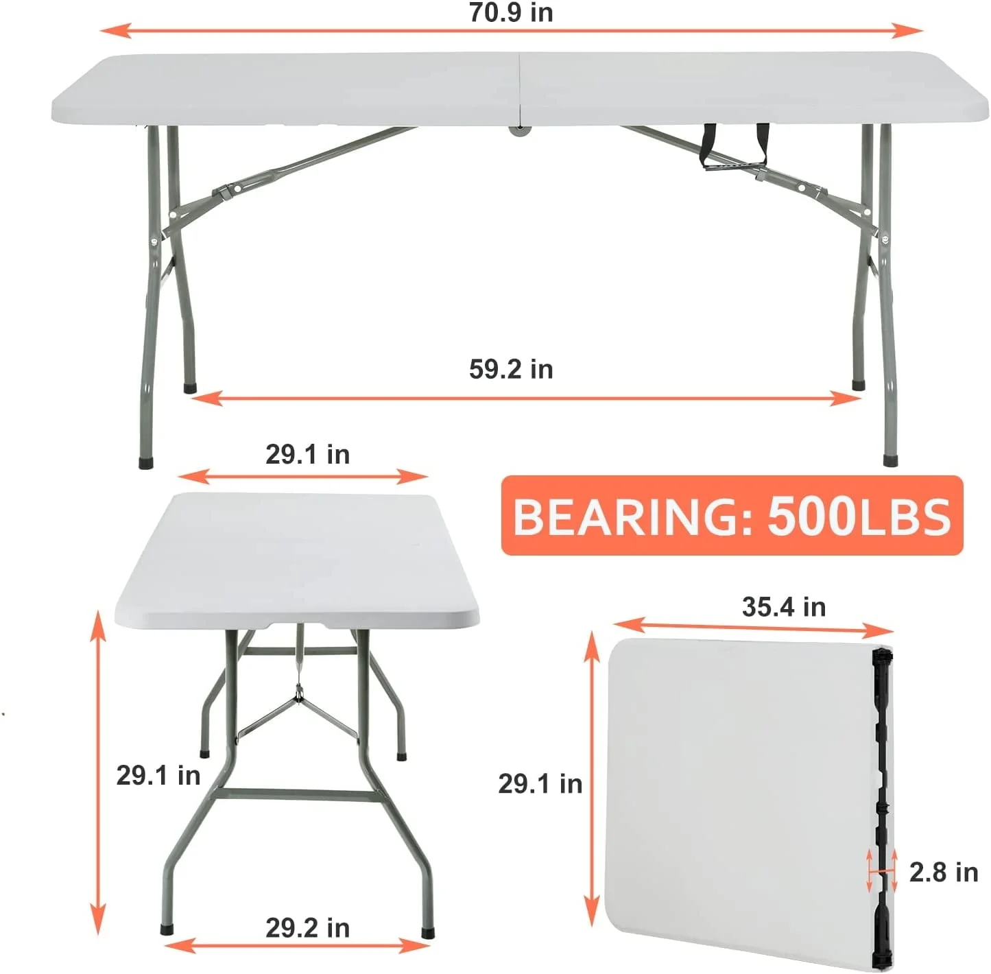 NiamVelo 6 ft Folding Table with Handle, Heavy Duty  Plastic Table Picnic Table Camping Table  Utility Party Dining Table for Indoor Outdoor, White
