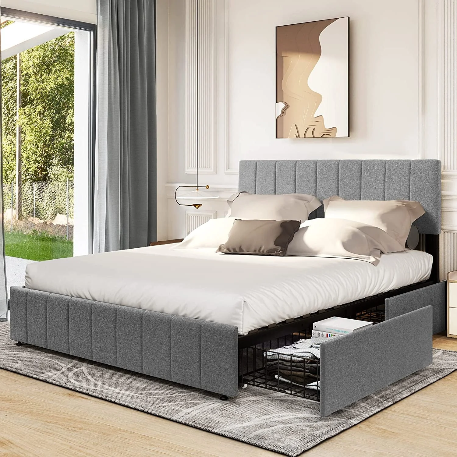 Dextrus Upholstered Platform Bed Frame with 4 Storage Drawers and Adjustable Headboard, Mattress Foundation with Sturdy Wood Slat Support, No Box Spring Needed, Grey(Queen)