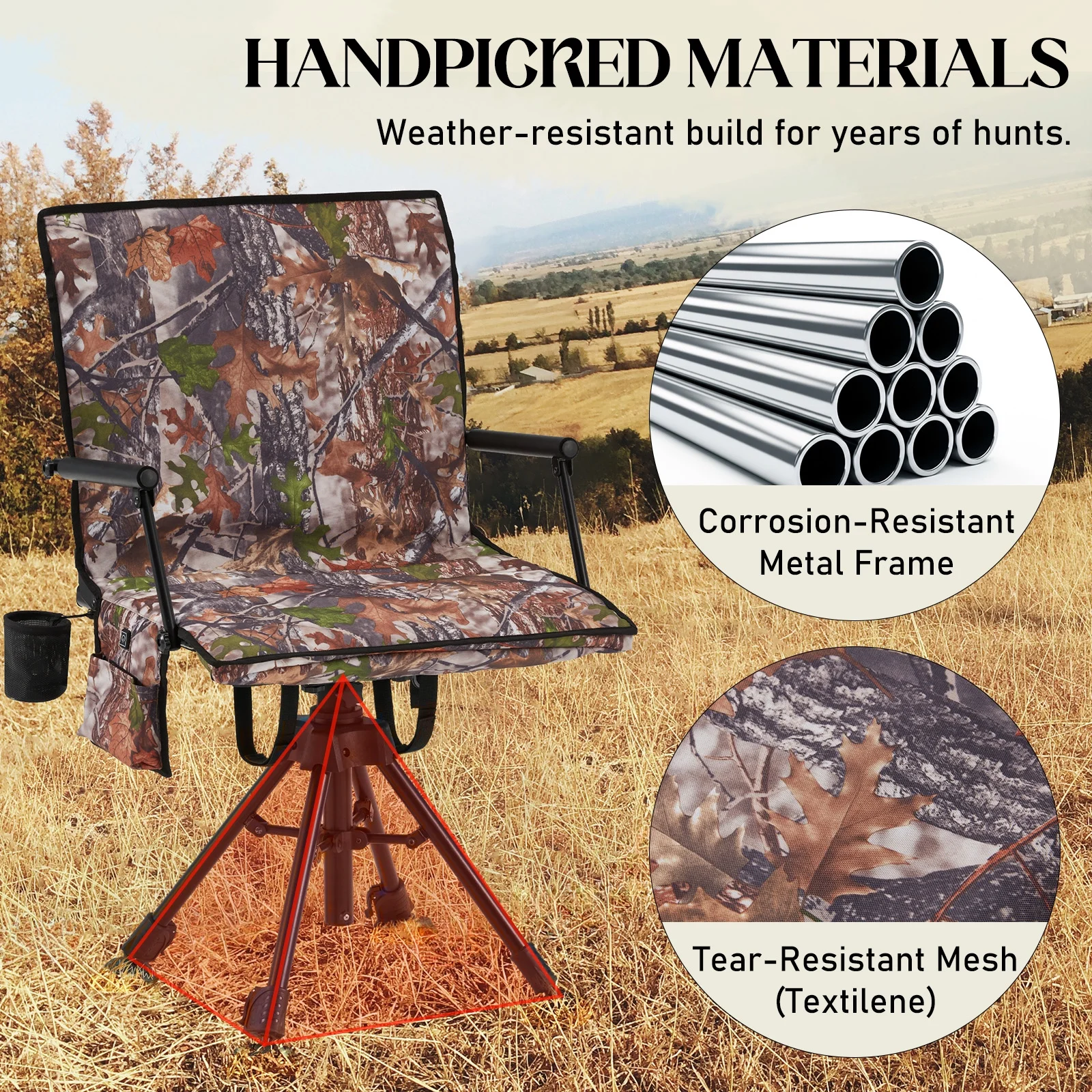 Danrelax 360° Silent Camo Hunting Blind Chair, Armrests, Side Pouch, Telescopic Legs