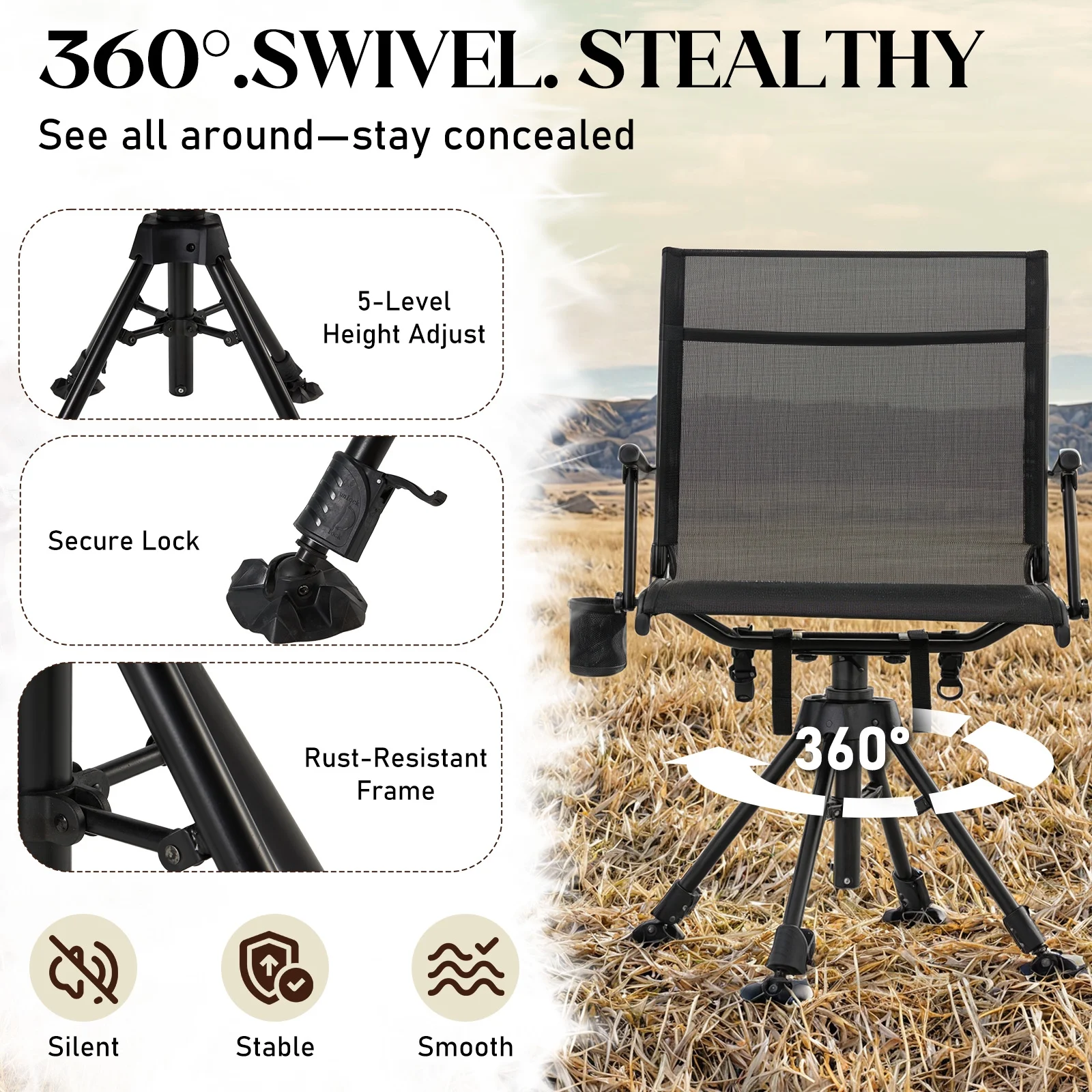 Danrelax 360° Silent Camo Hunting Blind Chair, Armrests, Side Pouch, Telescopic Legs