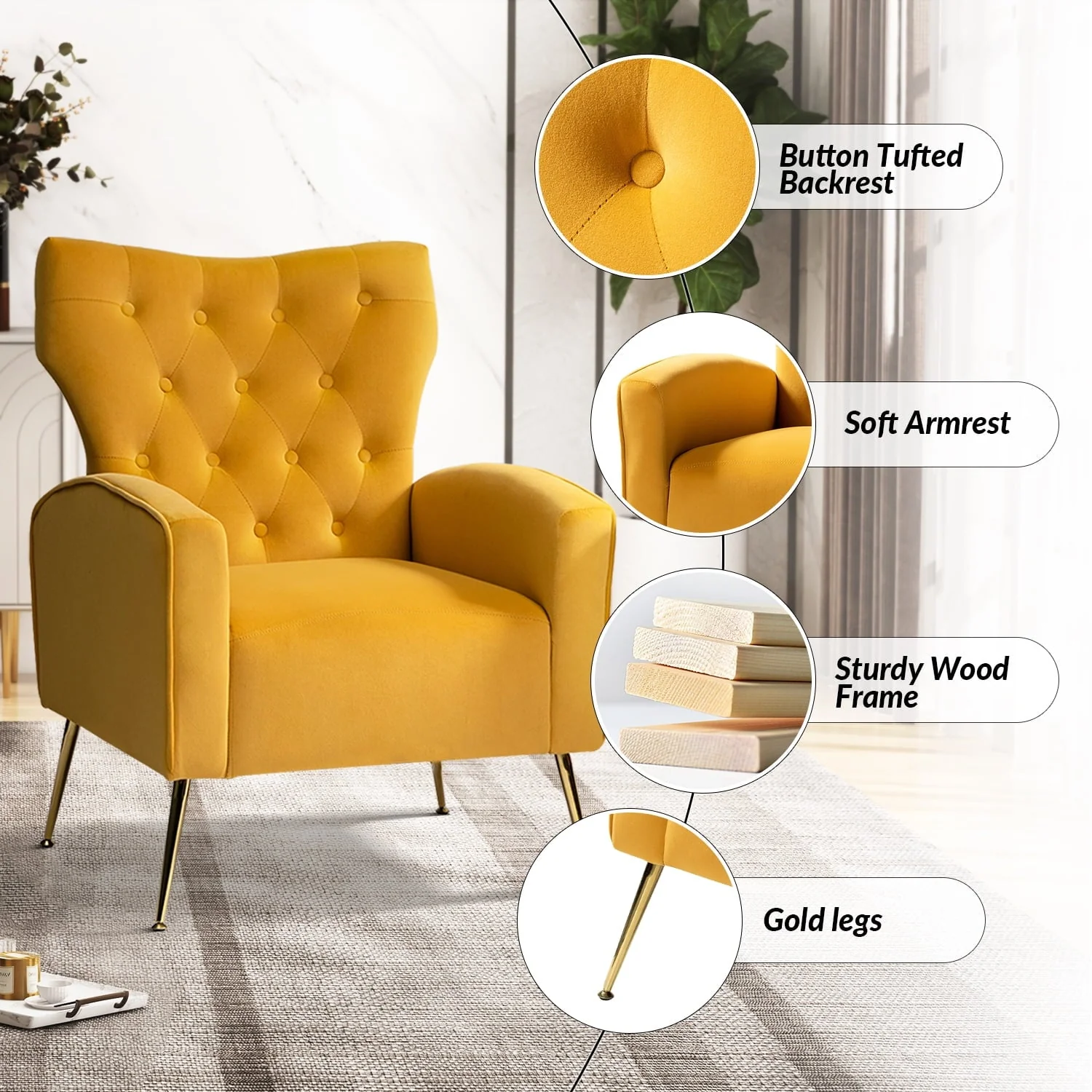 14 Karat Home Fall Home Decor Velvet Accent Chair Button Tufted Metal Legs Adult Living Room Mustard