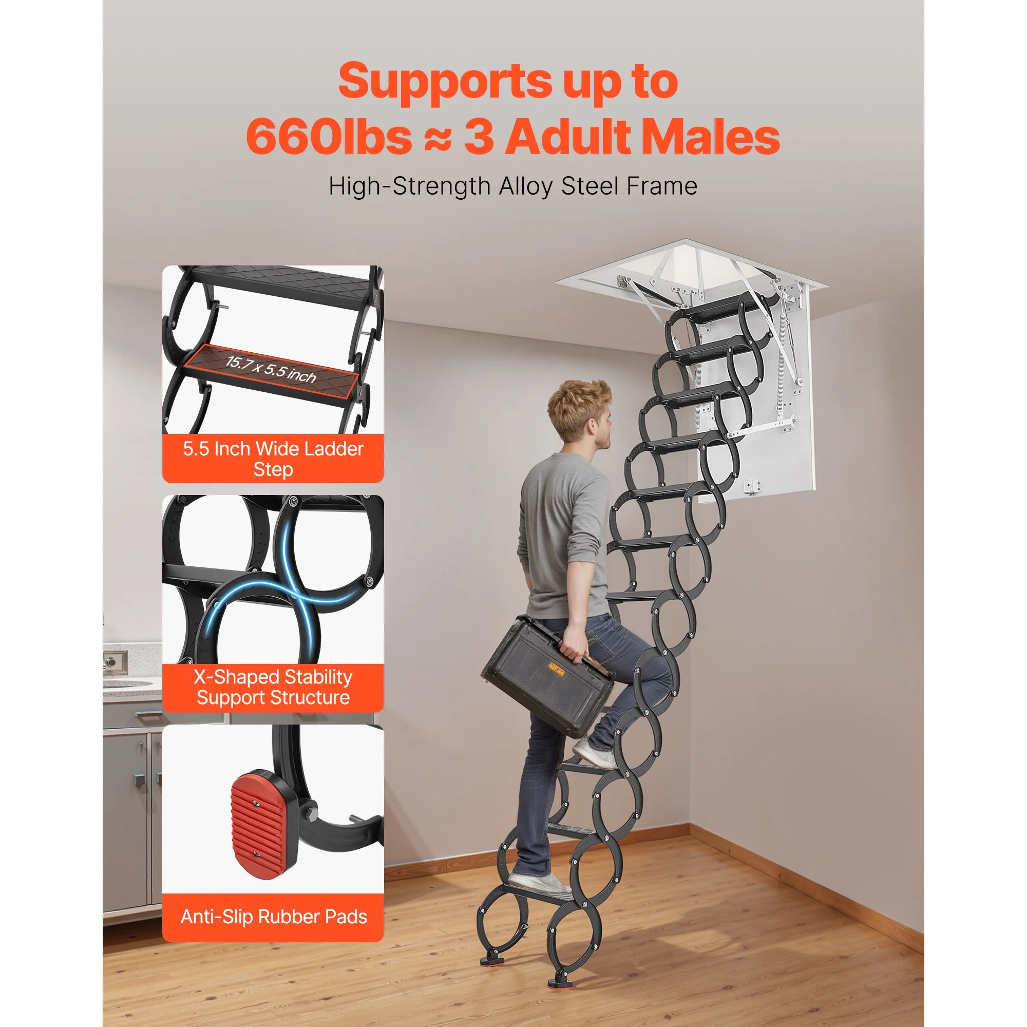 KFFKFF Retractable Attic Ladder, 660 lbs Capacity, Compatible with 9.5-10.2 ft Ceiling Heights and 39.4 x 27.5 inch Openings, Alloy Steel Pull-Down Ceiling Stair with Pulling Rod for Loft Access