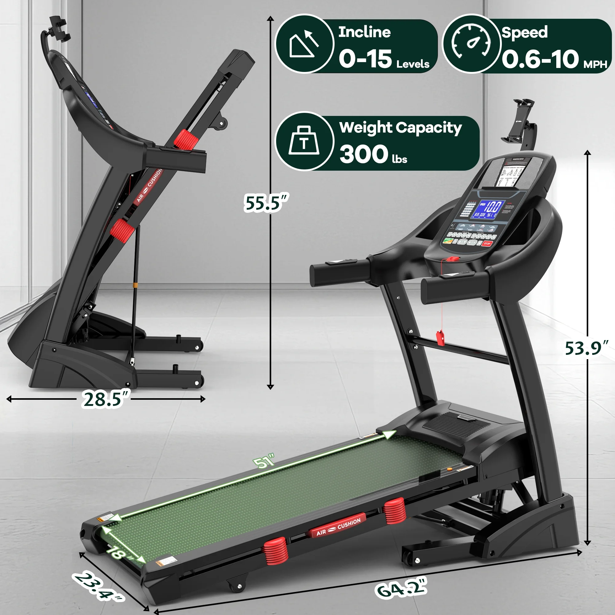 Treadmills for Home, 4.75HP Quiet Brushless Folding Treadmill with Auto Incline, Dual Cushion System,Treadmill 300lb Capacity w/Holder for Cup & Phone, 64+3+3+1 Programs, Knee Gift