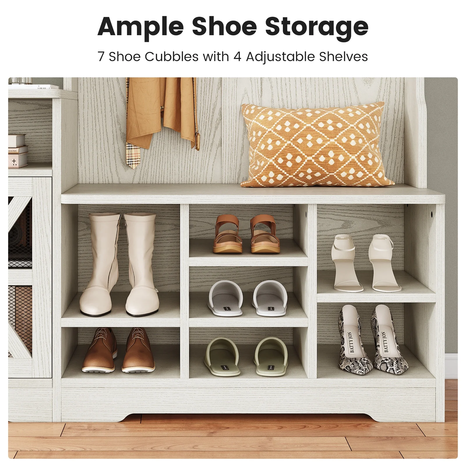 Farmhouse Wood Hall Tree with Shoe Bench and Console Table, LED 4-in-1 Coat Rack with 8 Hooks and 7 Adjustable Shoe Cubbies, Multifunctional Entryway Storage Organizer with Cabinet, Vintage White