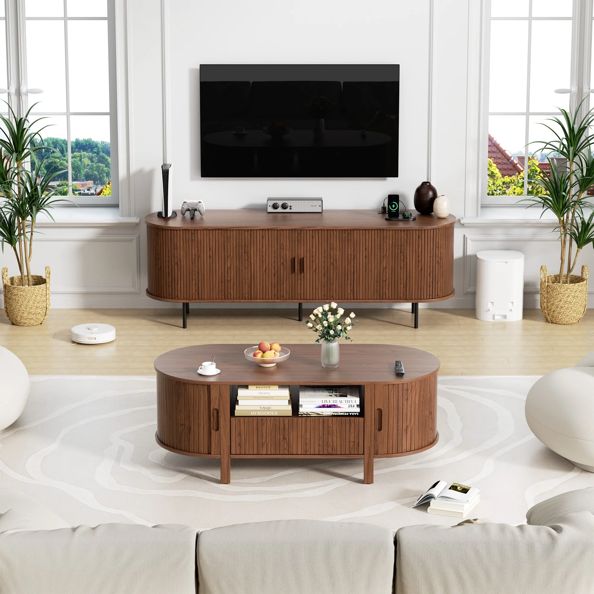 MARNUR Coffee Table with Storage, Tambour Sliding Door, Open Shelf, Mid Century Modern Center Table with Drawer for Living Room, Walnut