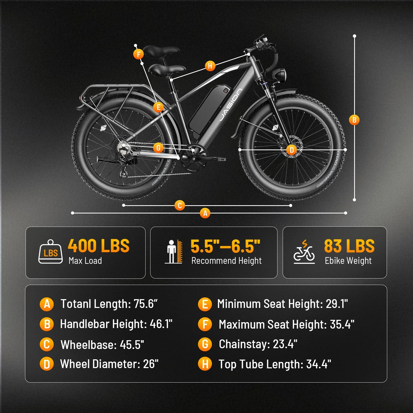 Jasion EB5 MAX Electric Bike for Adults, 750W Electric Mountain Bike with 48V 15Ah Battery, 26'' Fat Tire Off-Road Ebike, 28MPH Shimano 7 Speed Bicycle UL2849