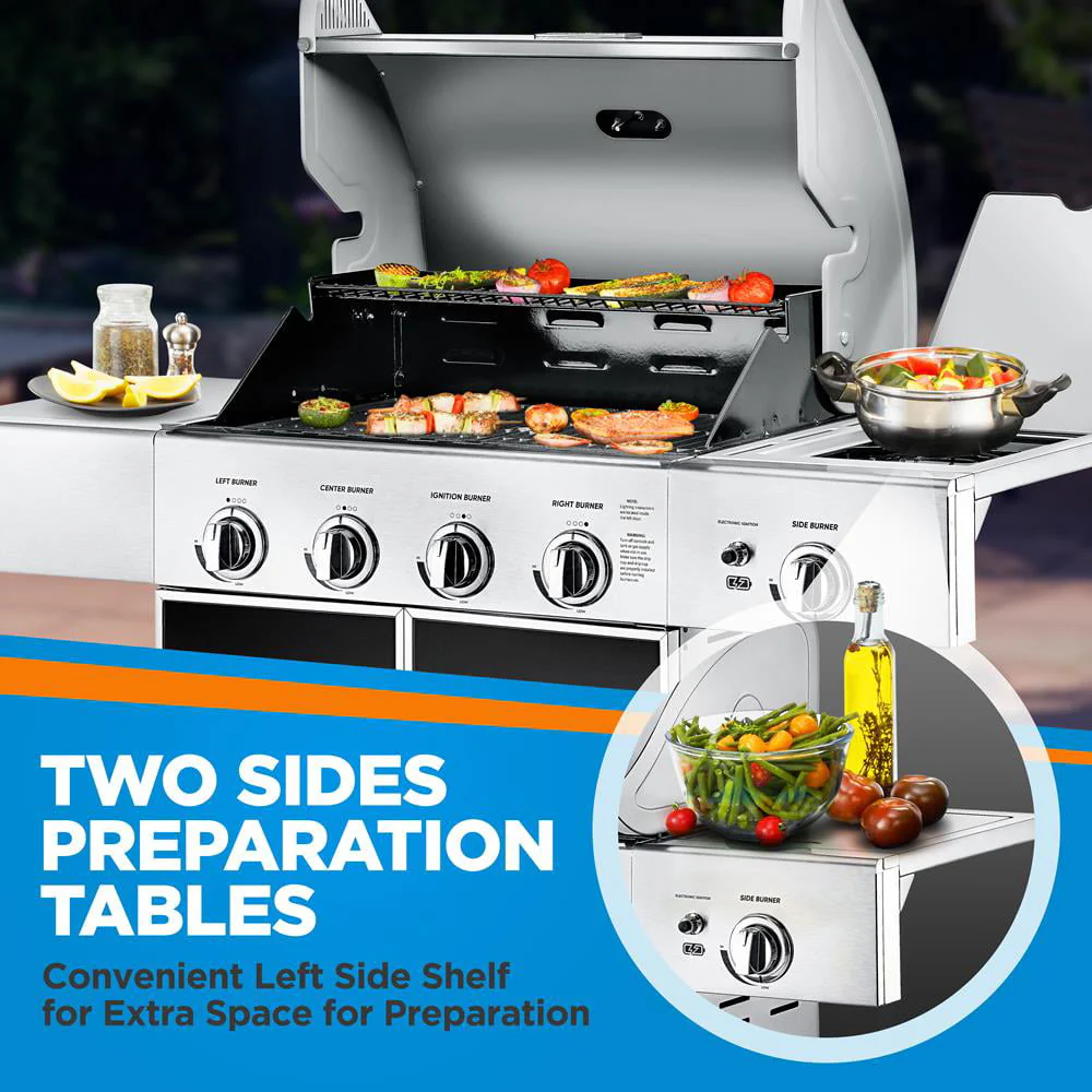 Heavy-Duty 5-Burner Propane Gas Grill - Stainless Steel Grill, 4 Main Burner with 1 side burner, 52,000 BTU Grilling Capacity, Electronic Ignition System, Built-in Thermometer - NutriChef NCGRIL2