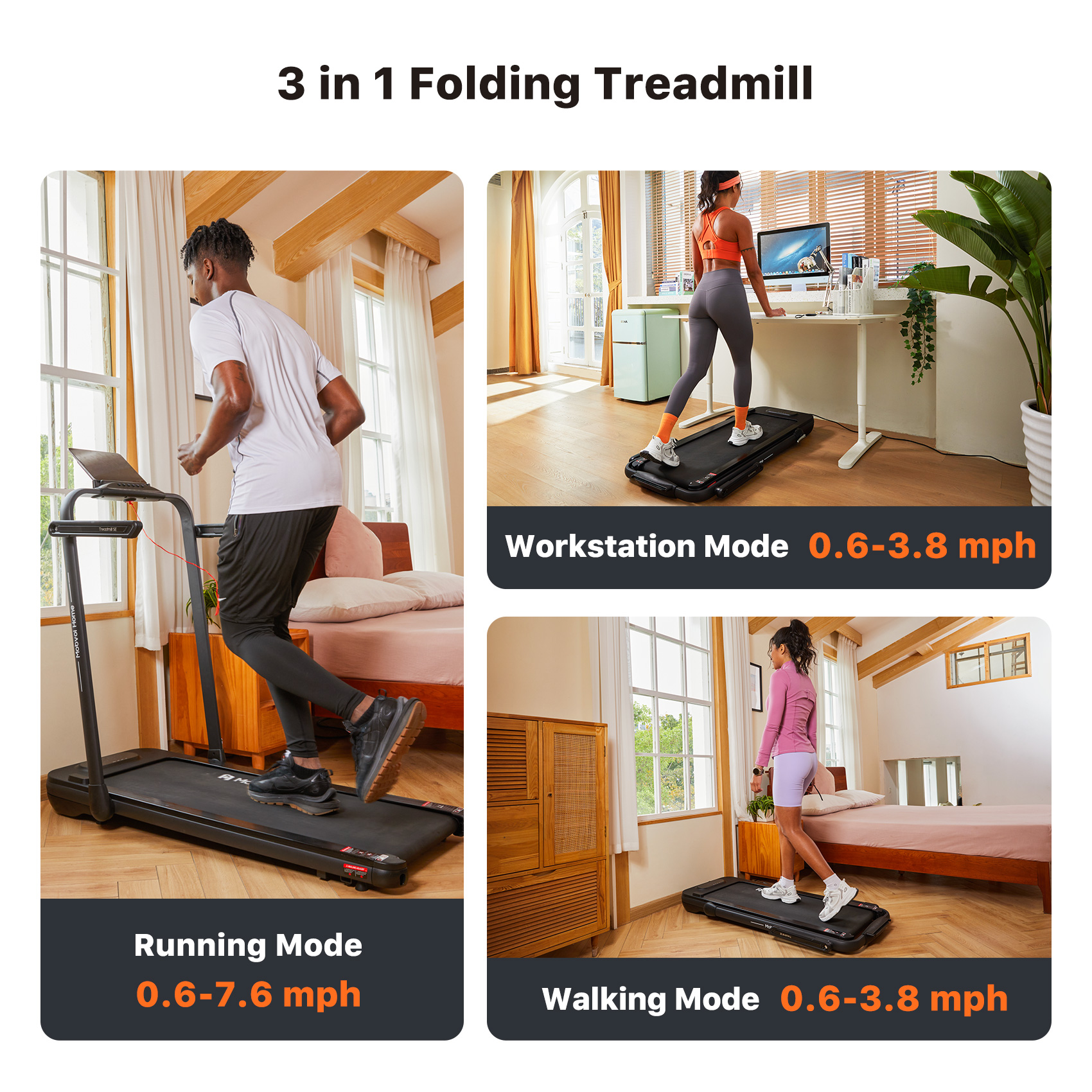 Mobvoi Home Treadmill SE 3 in 1 Folding Treadmill Walking Pad 2.5 HP Compact Portable Under Desk Running Walking Machine with Remote Control 265 LBS, Black