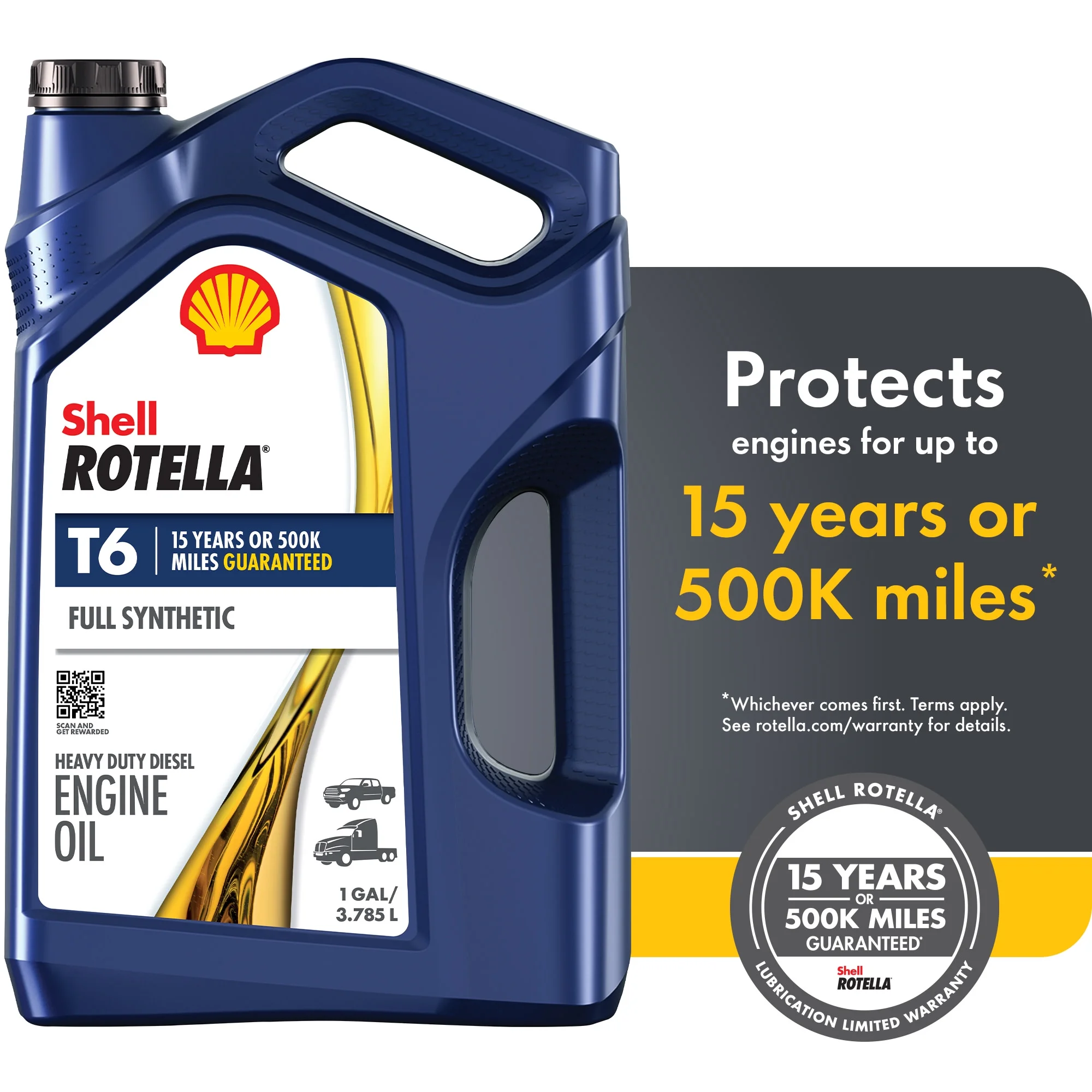 (3 pack) Shell Rotella T6 Full Synthetic 15W-40 Motor Oil, 1 Gallon (3 Pack)
