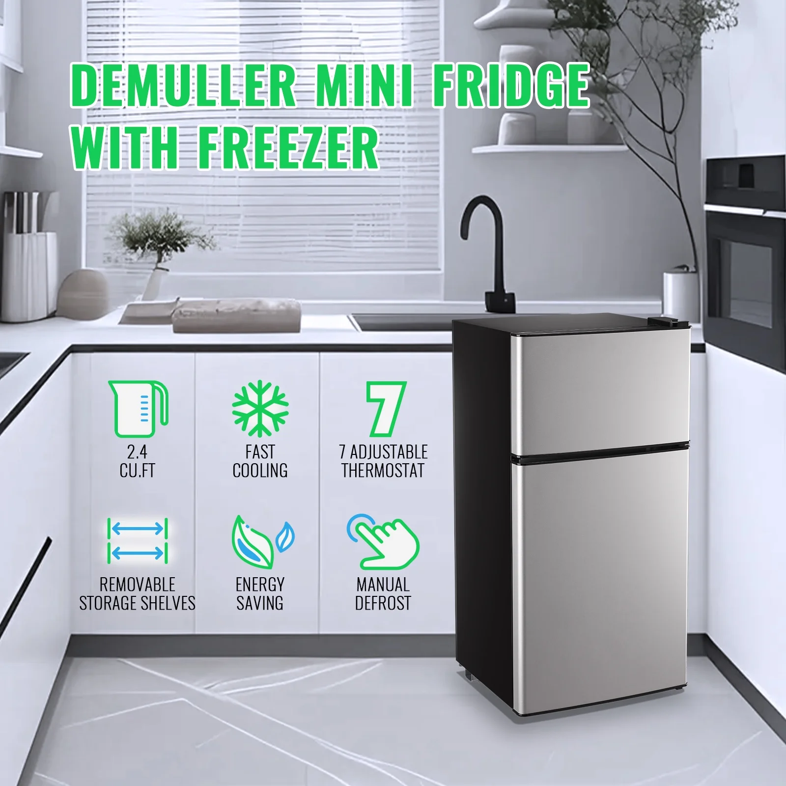 DEMULLER 2.4 Cu.ft Refrigerator Mini Fridge with Freezer Dual Door Personal Fridge New Silver Sale