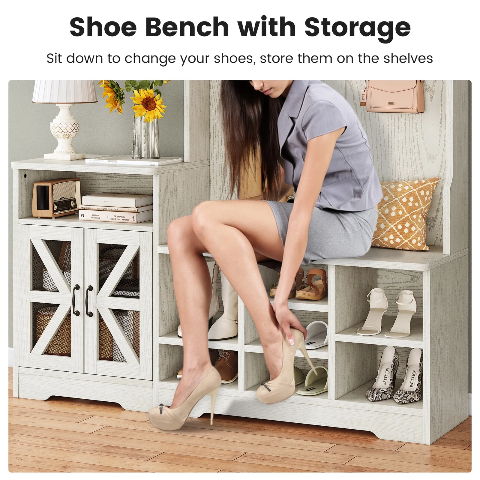 Farmhouse Wood Hall Tree with Shoe Bench and Console Table, LED 4-in-1 Coat Rack with 8 Hooks and 7 Adjustable Shoe Cubbies, Multifunctional Entryway Storage Organizer with Cabinet, Vintage White