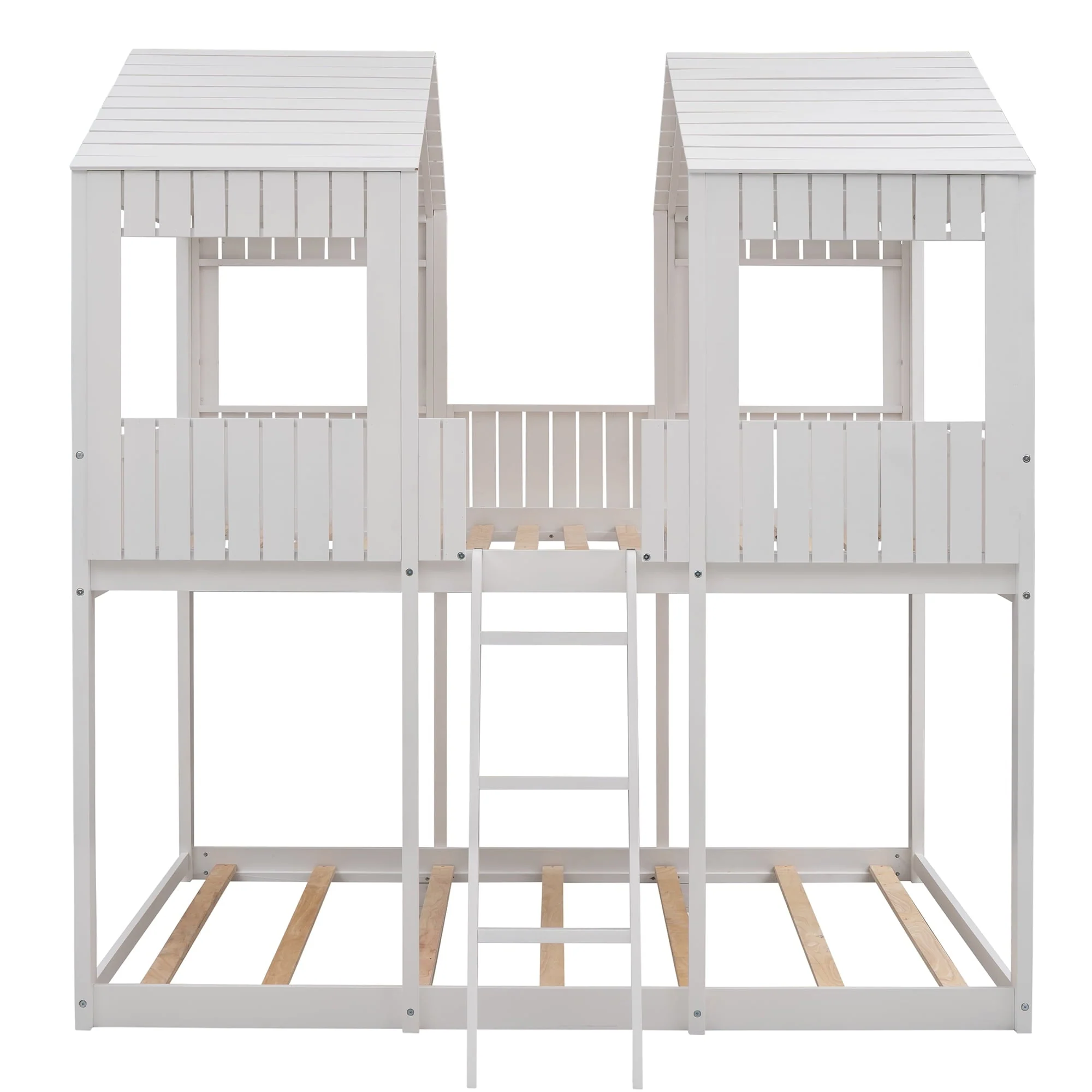 Full Over Full Bunk Bed House Bed with Dual Roofs, Wood Loft Bed Frame with Full-Length Guardrails & Inclined Ladder, Space Saving Design, No Box Spring Needed, White