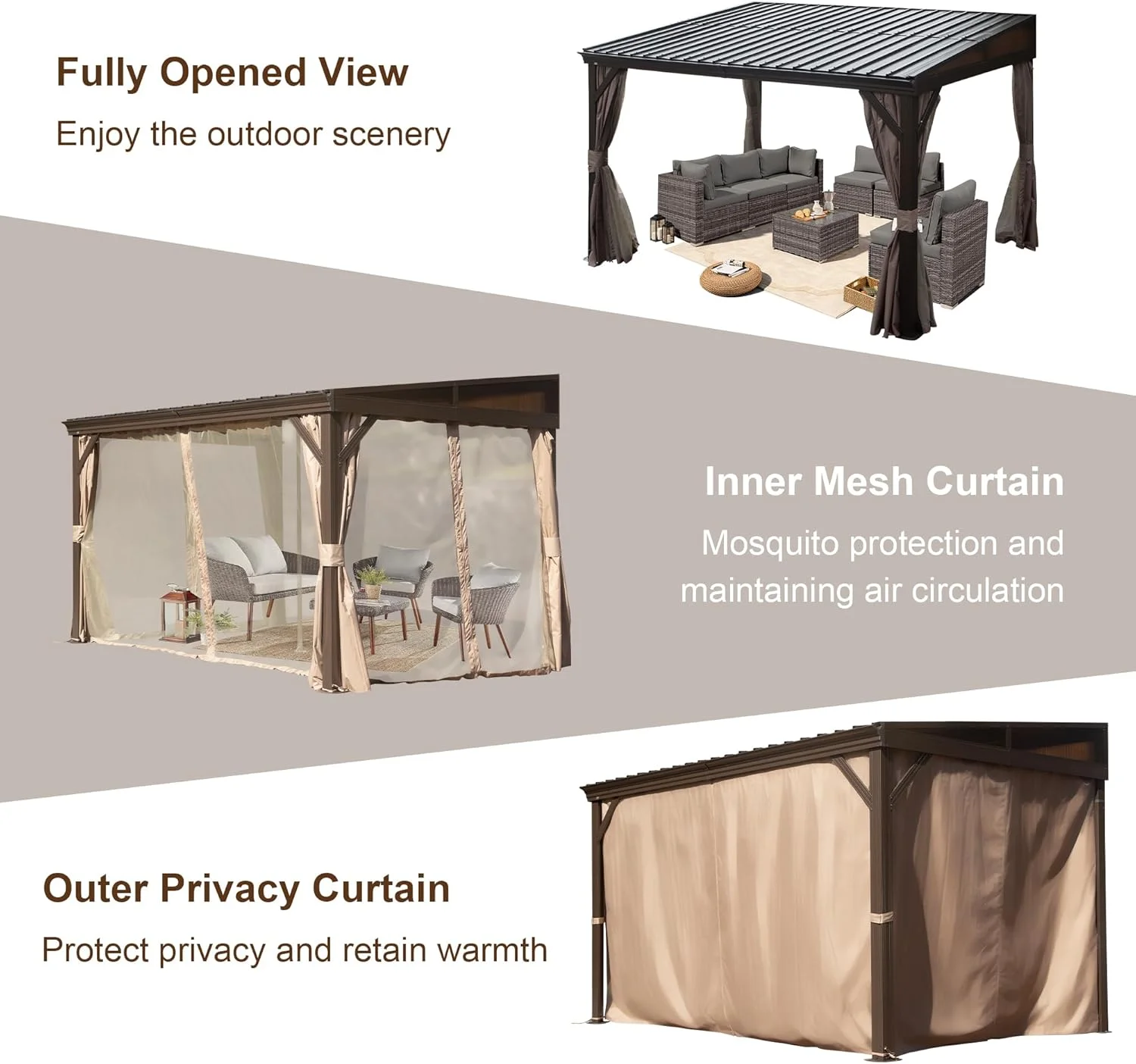 Domi Outdoor Living 10' x 12' Hardtop Lean-to Gazebo, Wall-Mounted with Galvanized Steel Roof Wall Pergola with Aluminum Frame, Curtains and Netting, for Patio, Deck, Garden, Backyard