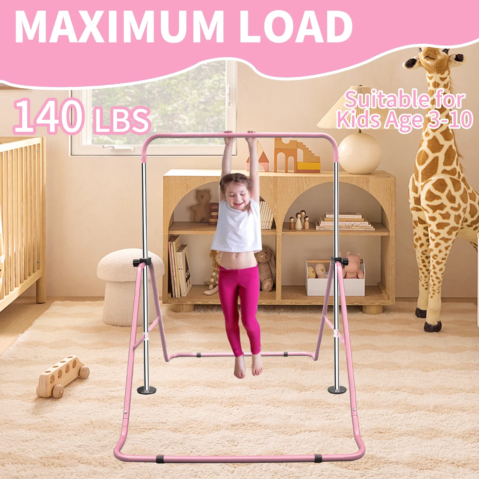 Expandable Gymnastics Bar for Kids - Height Adjustable Junior Training Bar for Home, Folding Gymnastic Horizontal Bars Equipment Pink
