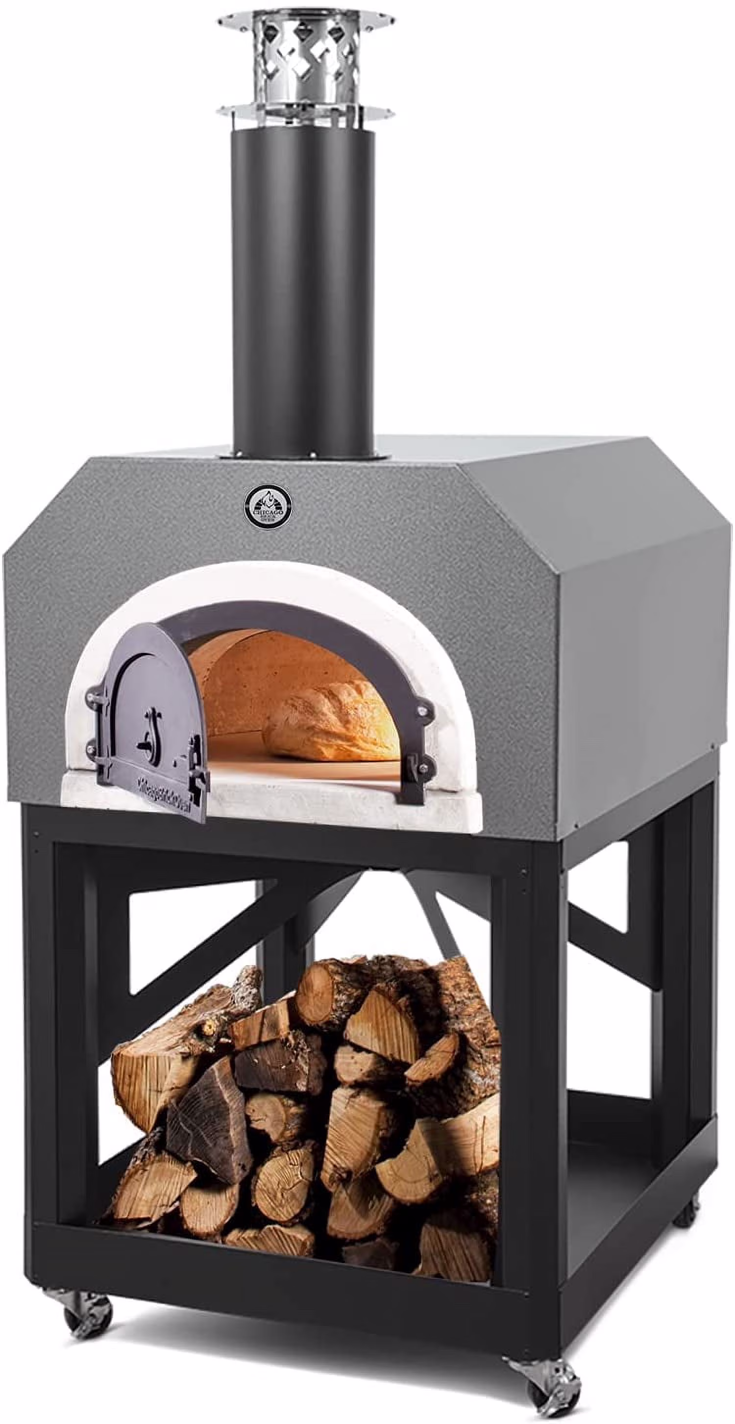Chicago Brick Oven Wood-Burning Mobile Outdoor Pizza Oven, CBO-750 Mobile with Silver Vein Hood