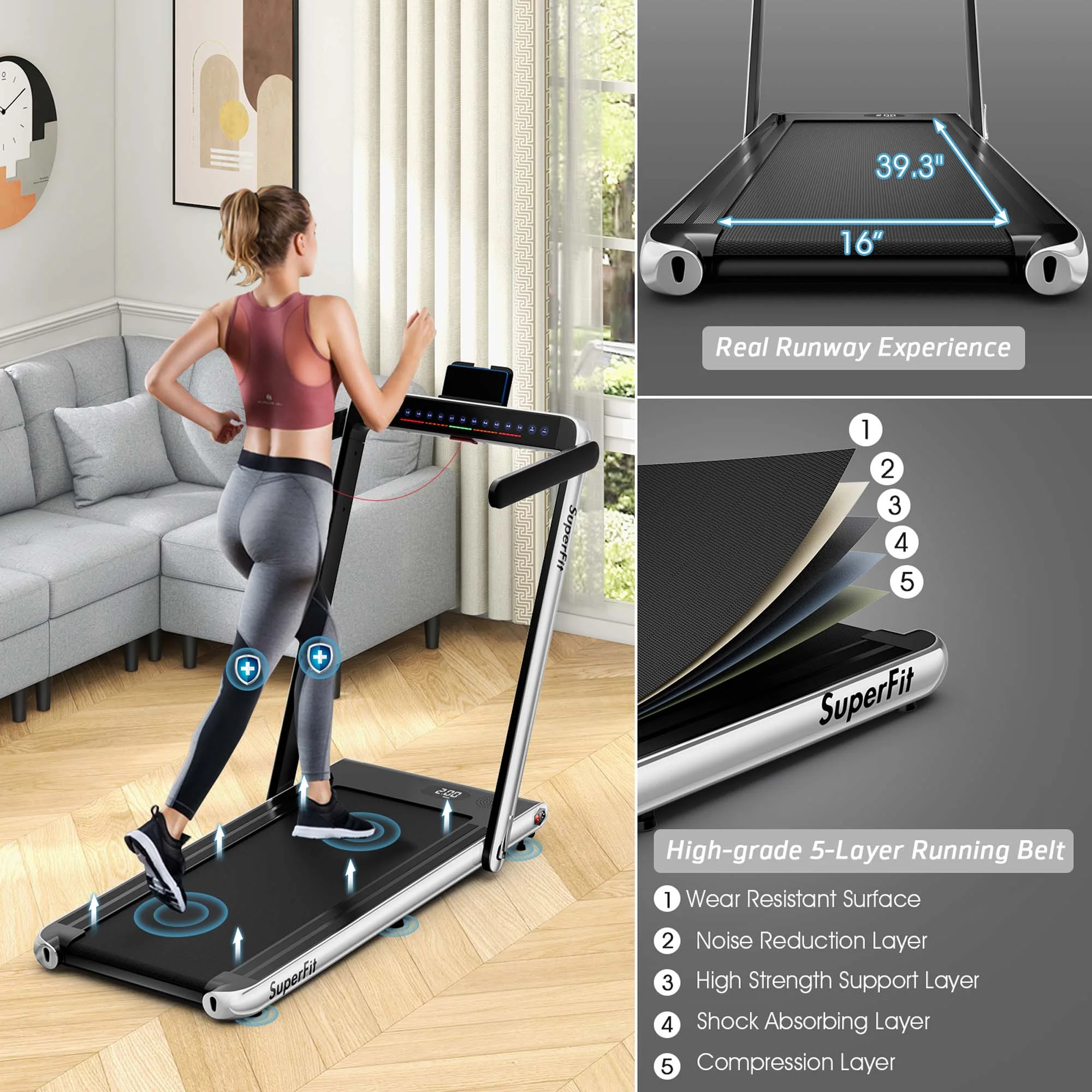 SuperFit Up To 7.5MPH 2.25HP 2 in 1 Dual Display Screen Treadmill Jogging Machine W/APP Control Silver